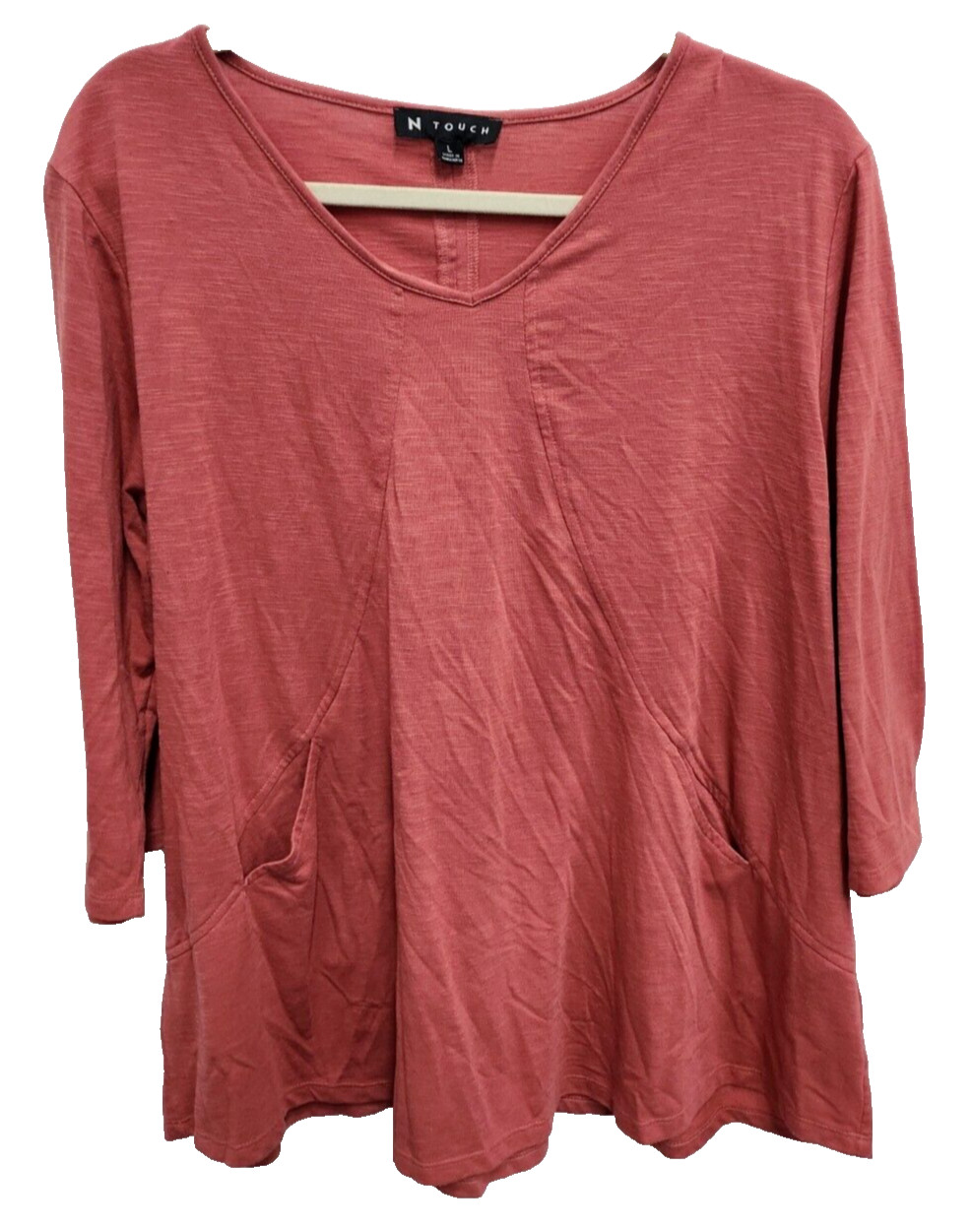 N Touch Womens Lagenlook Tunic Top With Pockets Large Coral 3/4 Sleeve Casual