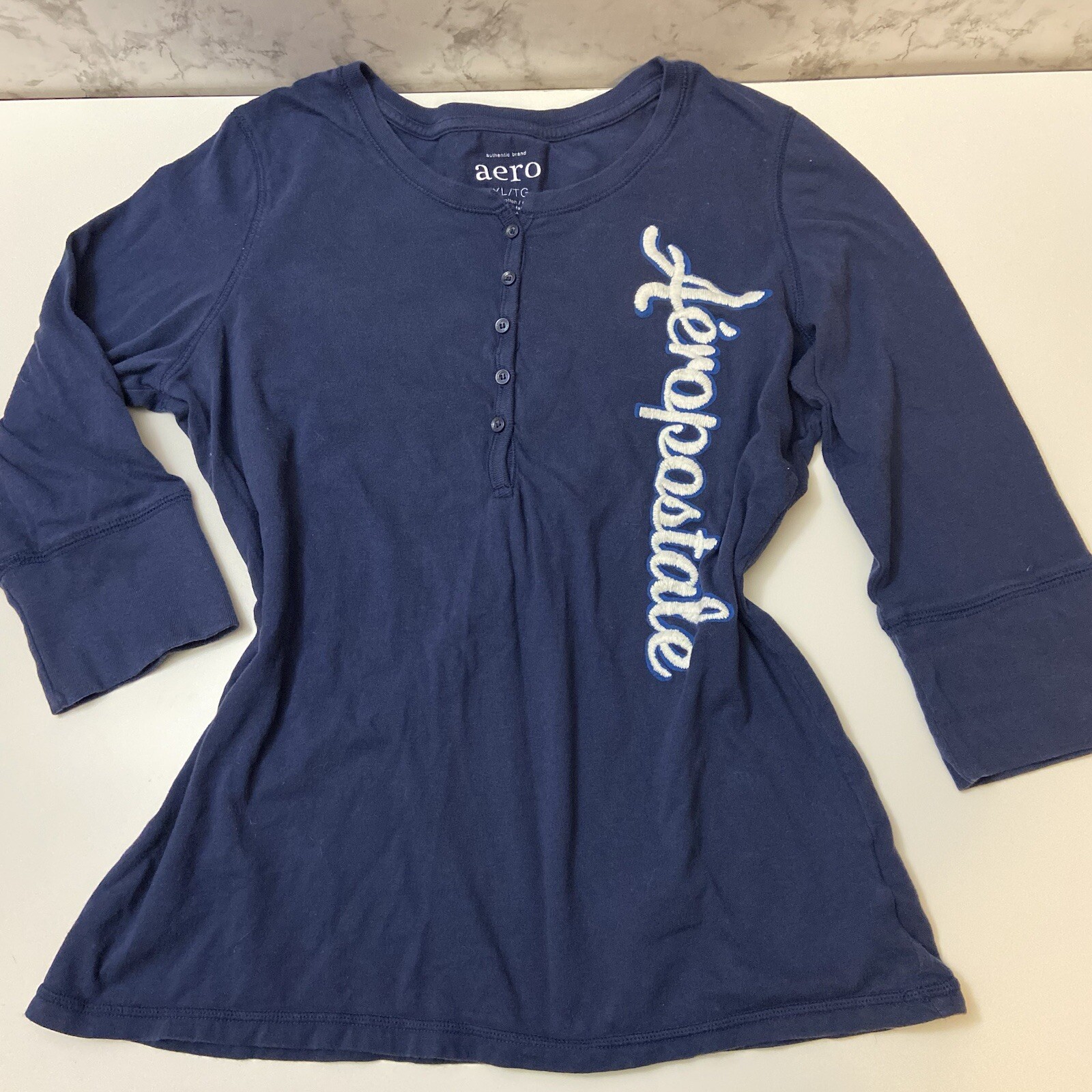 Aeropostale Navy Half Sleeve Spell Out Logo Button Shirt