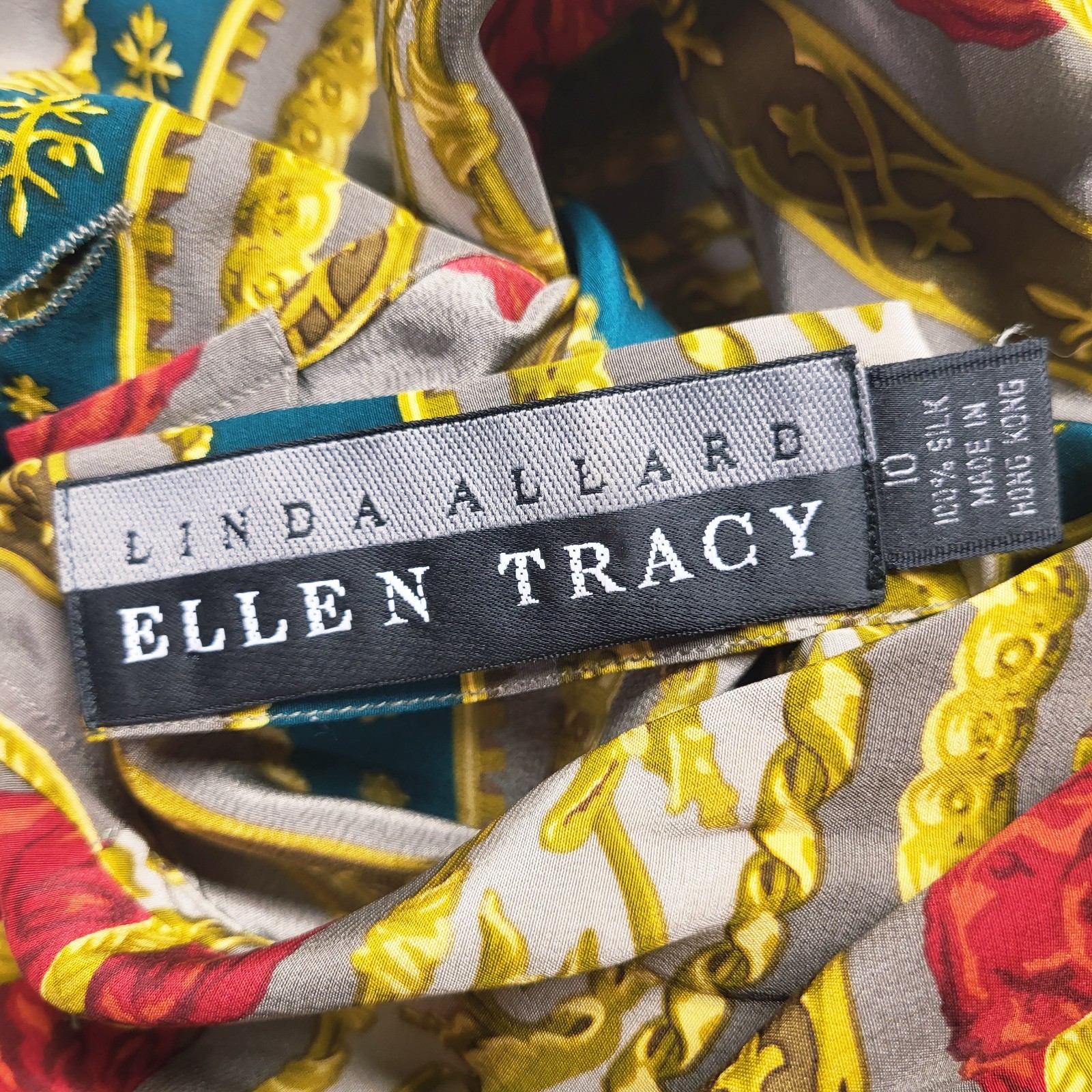 ELLEN TRACY Linda Allard 100% SILK Blouse 80’s Career Kerchief Neck Bold Size 10