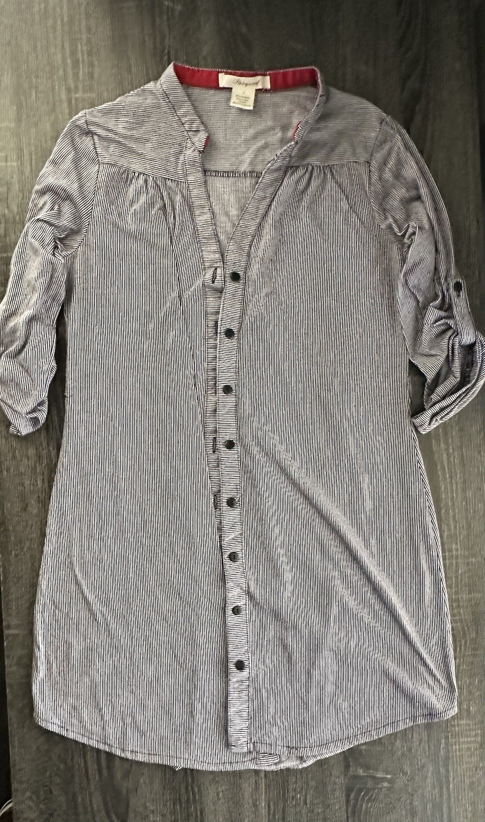 Passport Women’s Striped Button Front Tunic Blouse Top Roll Tab Sleeve Medium