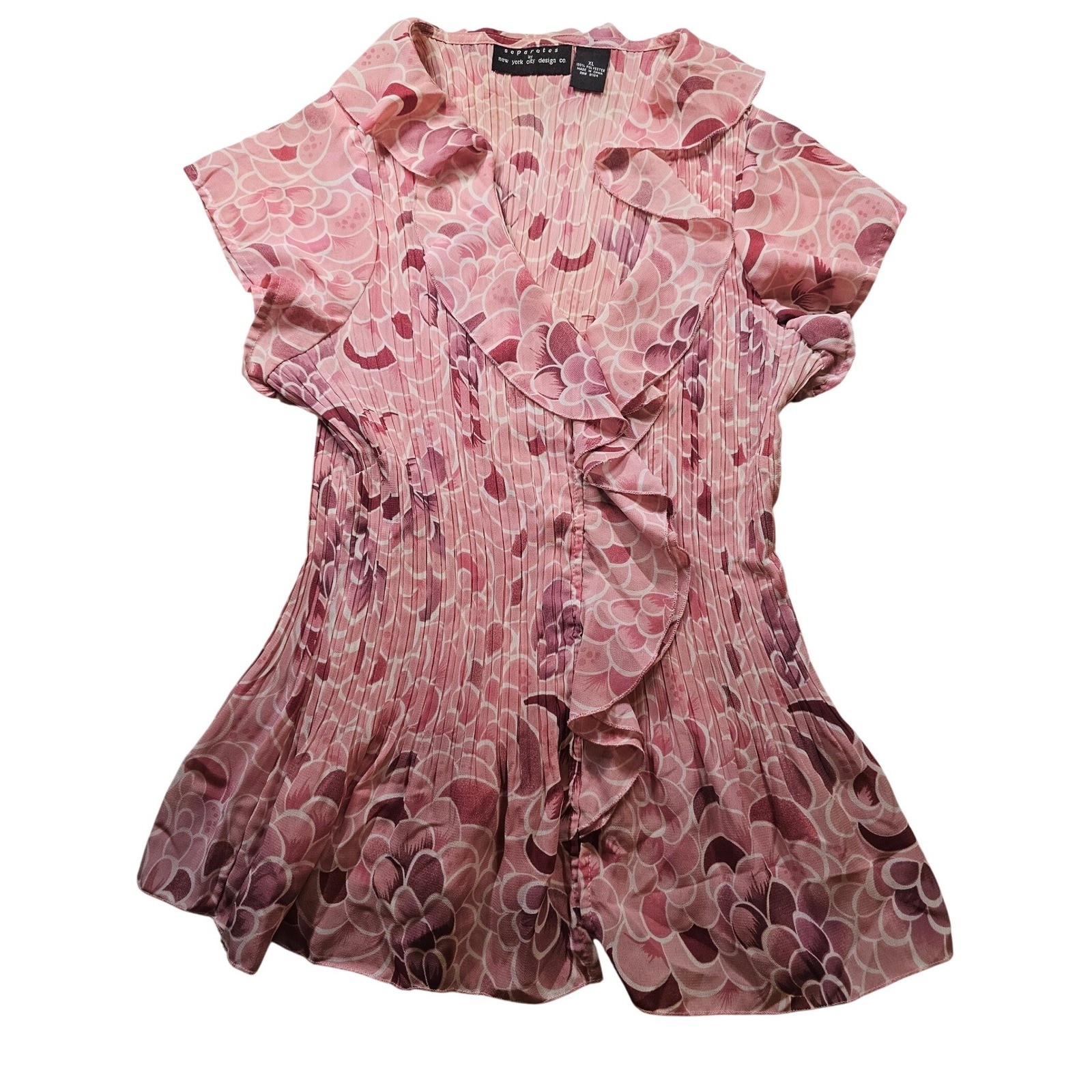 Separates by New York City Design Co Pink Floral Pleated Ruffle Blouse XL