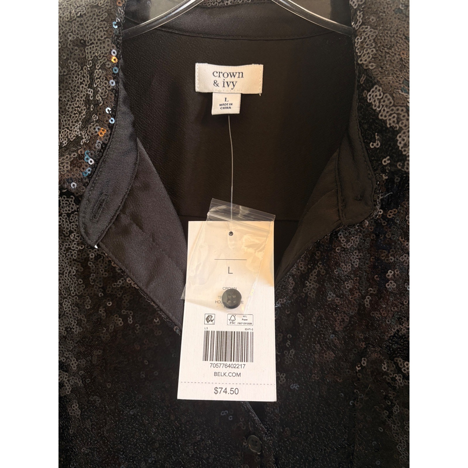 Crown & Ivy Black Sequin Button Up Shirt Holiday NYE Cocktail Blouse Womens L