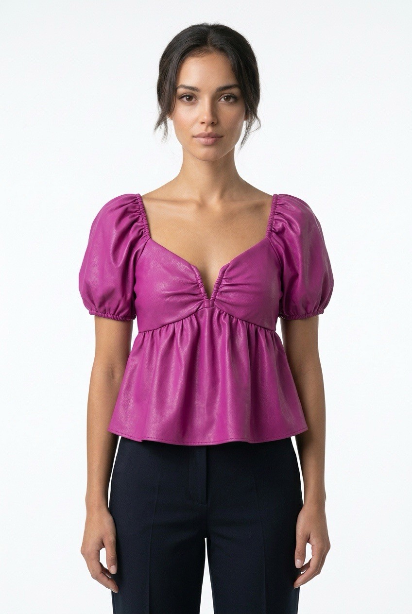 BUDDY LOVE | Fitted Puff-Sleeve Peplum Top in Vibrant Magenta Women’s Size Small
