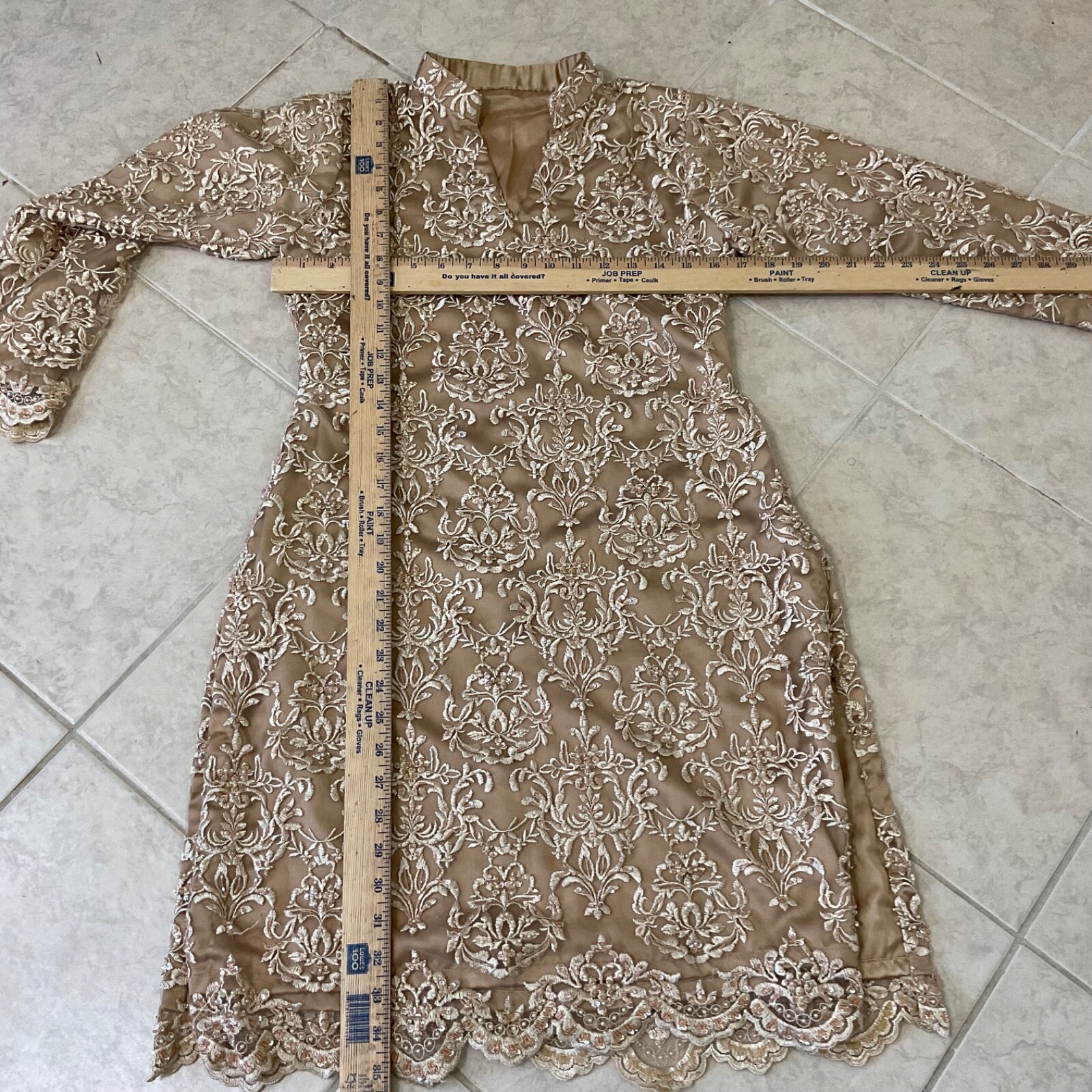 Vintage Ao Dai Long Top Embroidered seed pearls & sequin Side Slits home made.