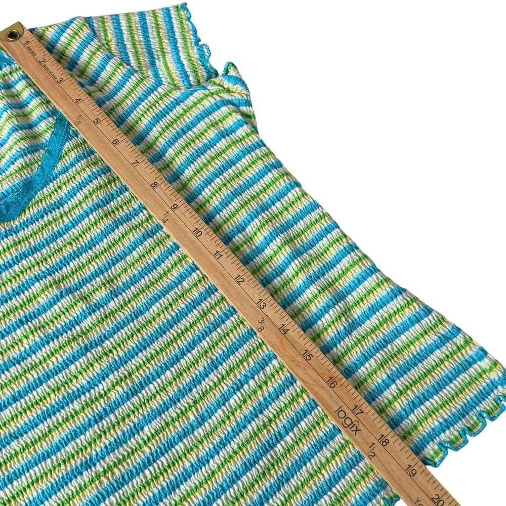 Vintage Faded Glory Top Size M 8/10 Stretch Green Stripe Ruffle Smocked y2K BOHO