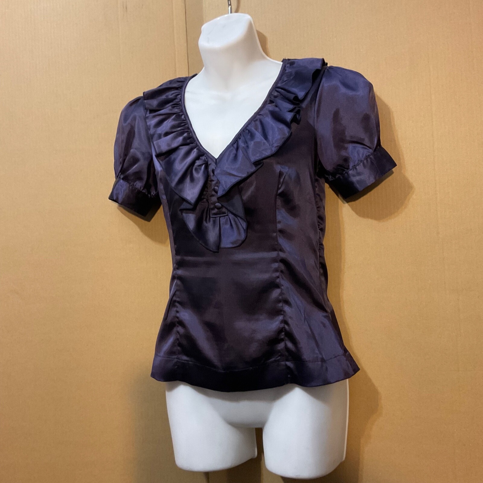 Goth Edwardian Victorian Style Short Sleeves Ruffle Shiny Purple Blouse Top Sz S