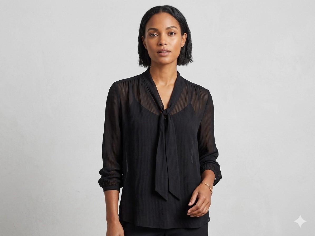 Theory Black Silk Seersucker Sheer V-Neck Tie Long Sleeve Blouse Petites P