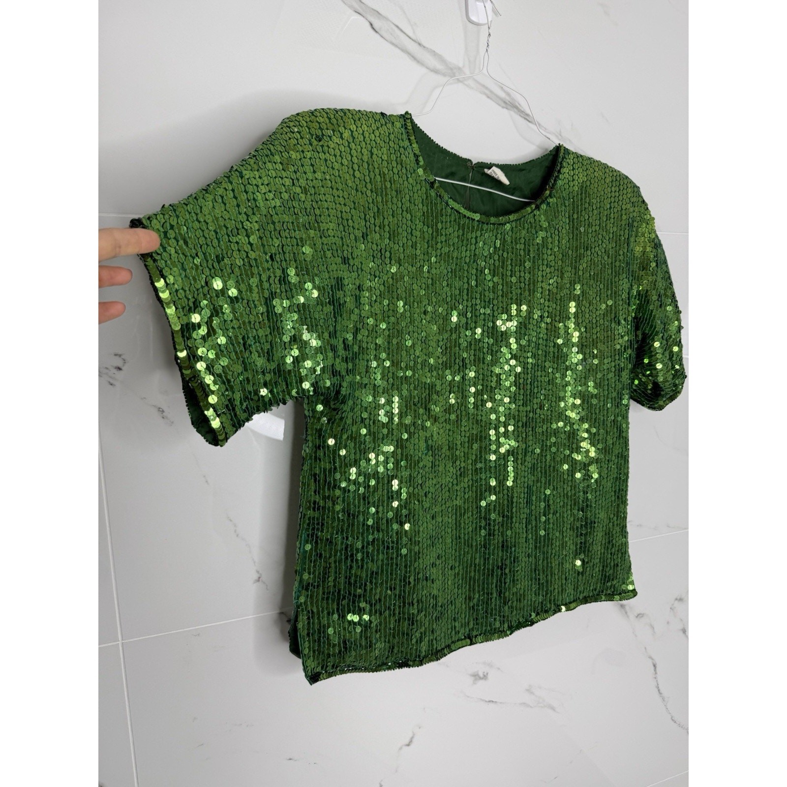 Vintage Silk Green Beaded Sequin Top Size S Petite Party christmas holiday