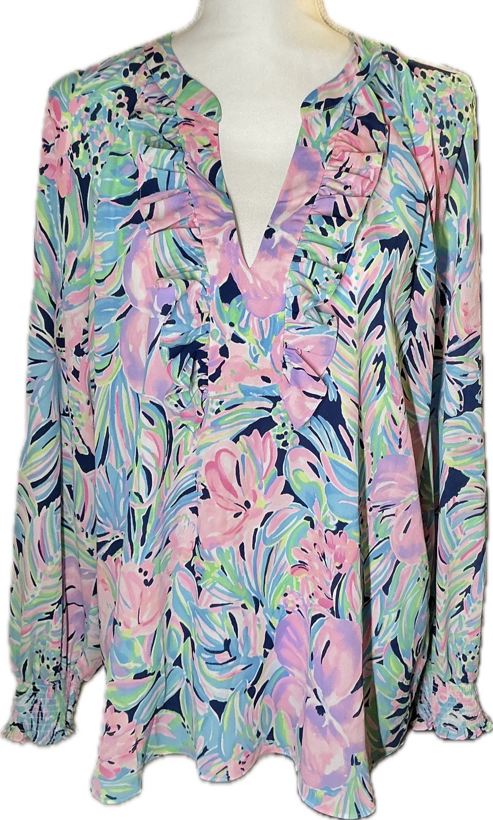 Lilly Pulitzer 100% Polyester Long Sleeve V-Neck Floral Chiffon Ruffle Blouse L