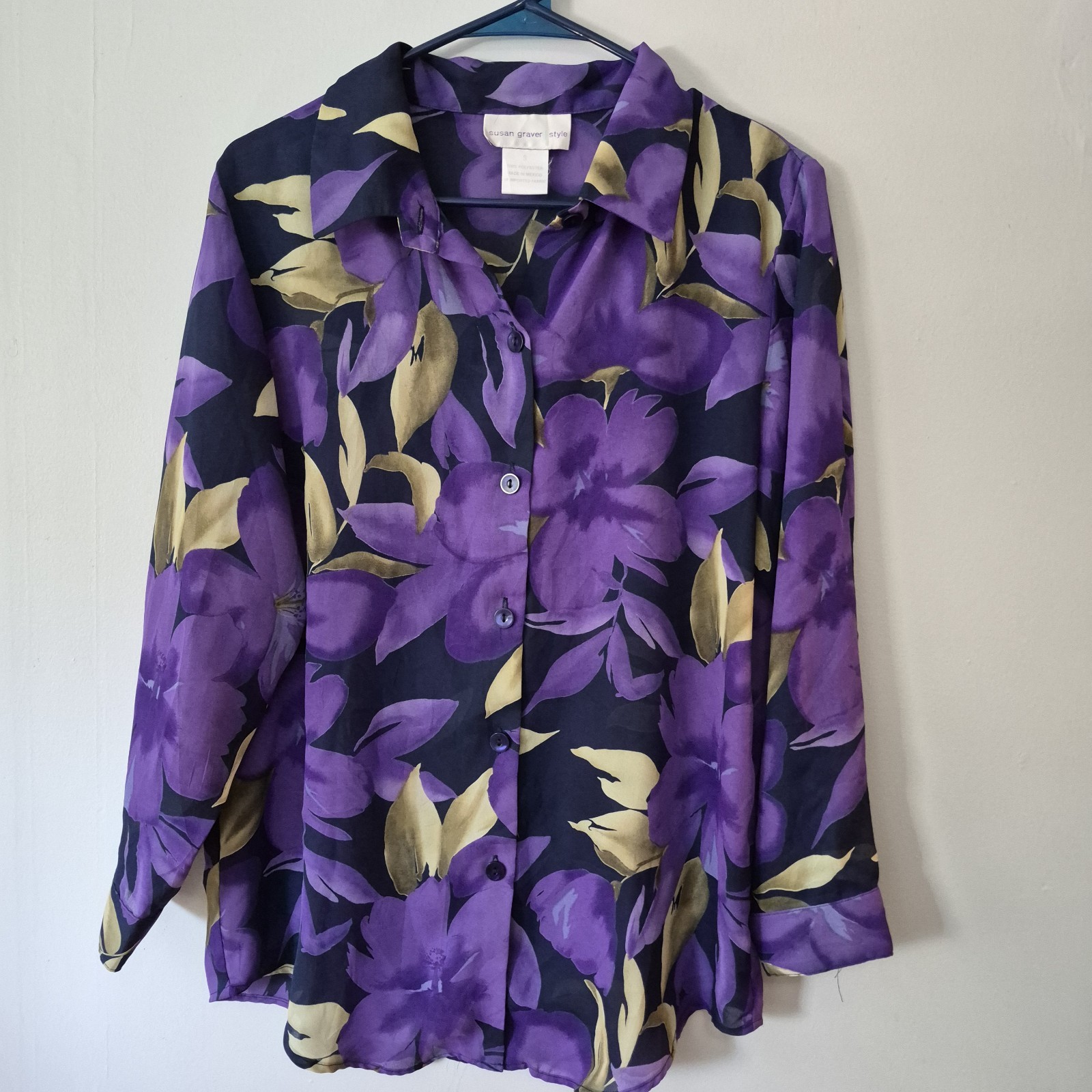 Black Purple Green Floral Button Up Size S Sheer Dark Romantic Fall