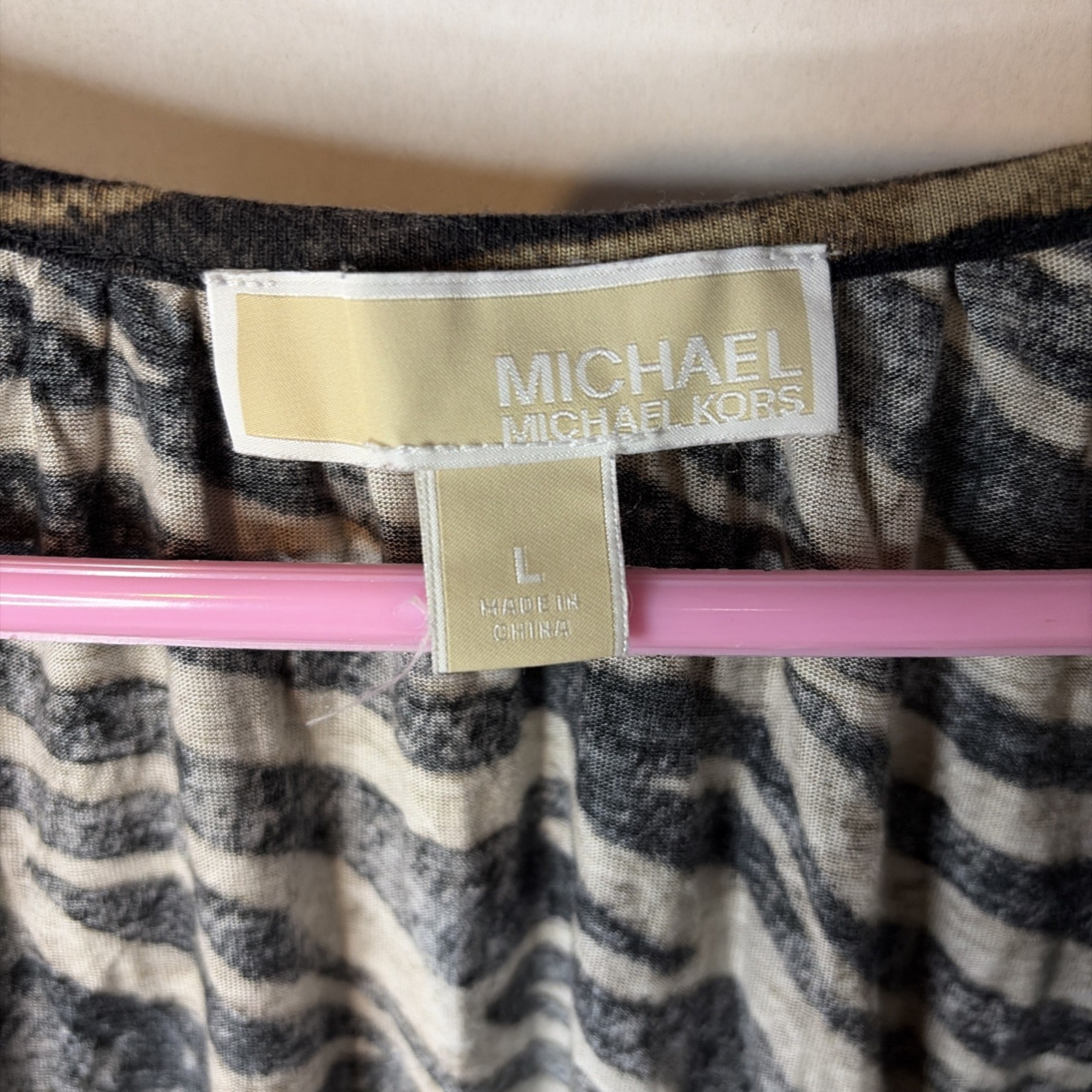 Michael Kors 3/4 Sleeve Tunic Stretchy Black & Gold Zebra Print Blouse EUC L