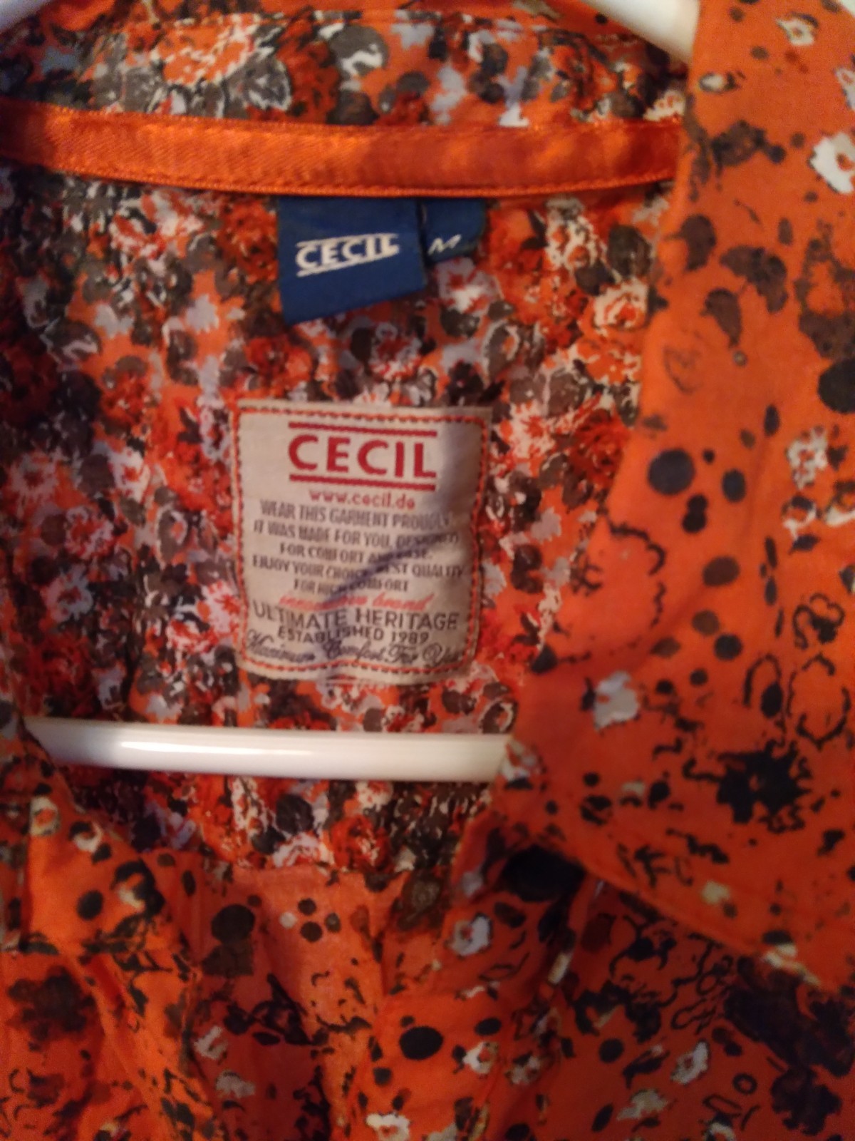 Cecil Orange Black Floral Blouse Cotton Tie Waist SZ M Cottagecore Prairie