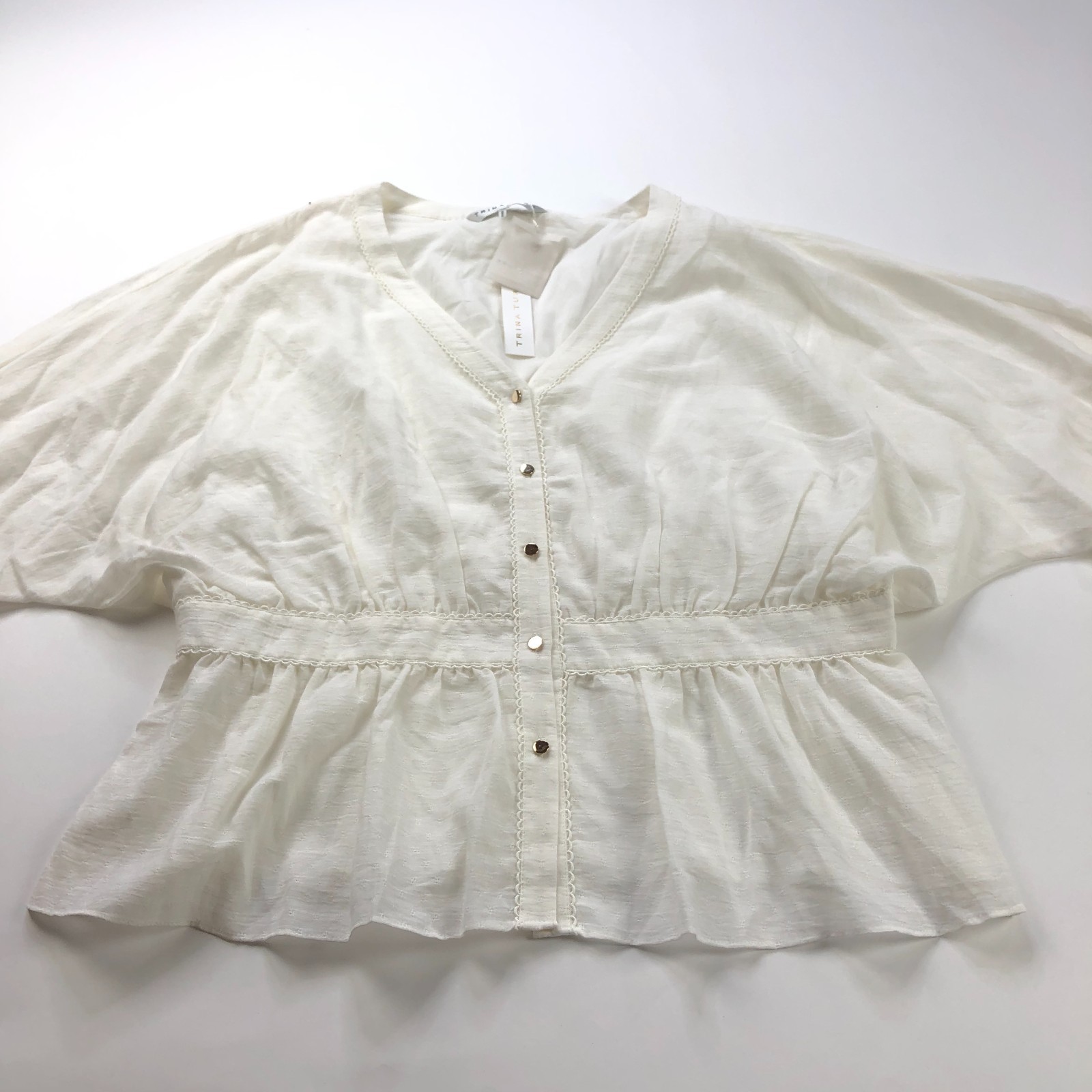 Trina Turk NEW XXL Smocked Button Plaid Check Pullover Button Top Blouse Ivory