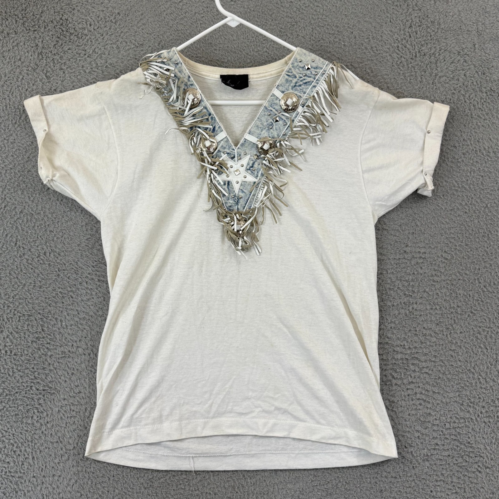 Vintage Western Shirt Women M White VNeck Short Sleeve 80s Fringe Cowgirl Casual