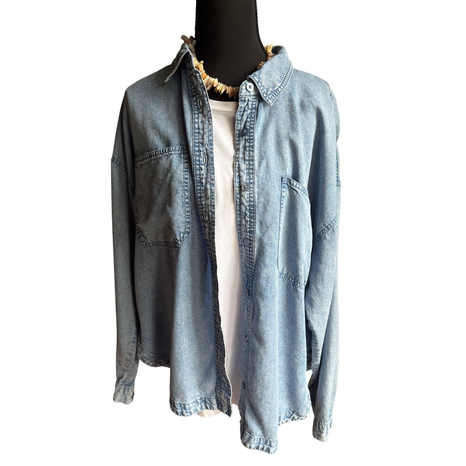 Pink Rose 100% Lyocell Chambray Button Down Shirt Oversized Medium Coastal