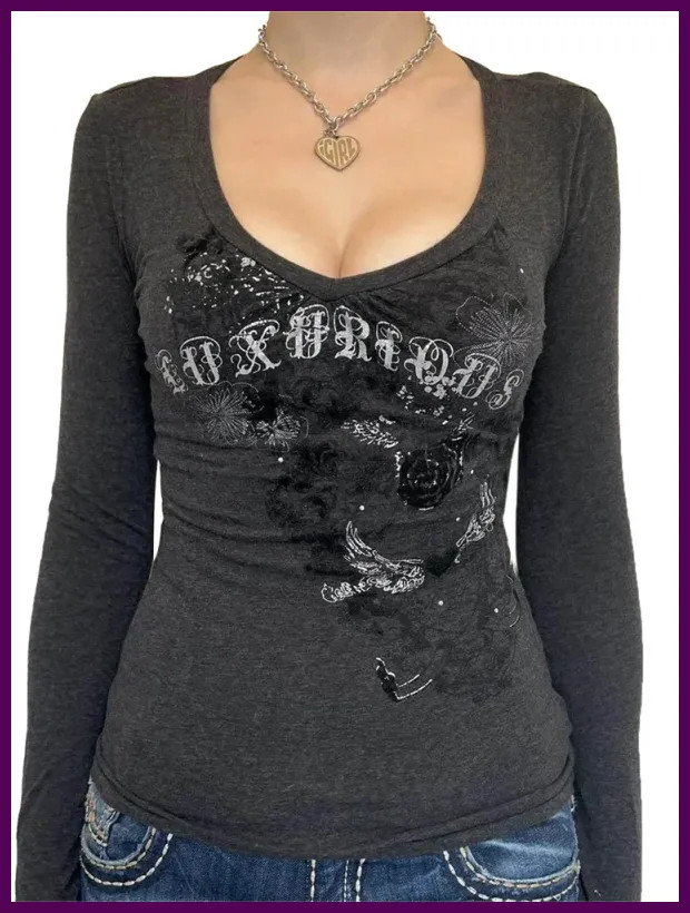 Women Long Sleeve T-shirt Graphic Gothic Print Punk Grunge Y2K Aesthetic