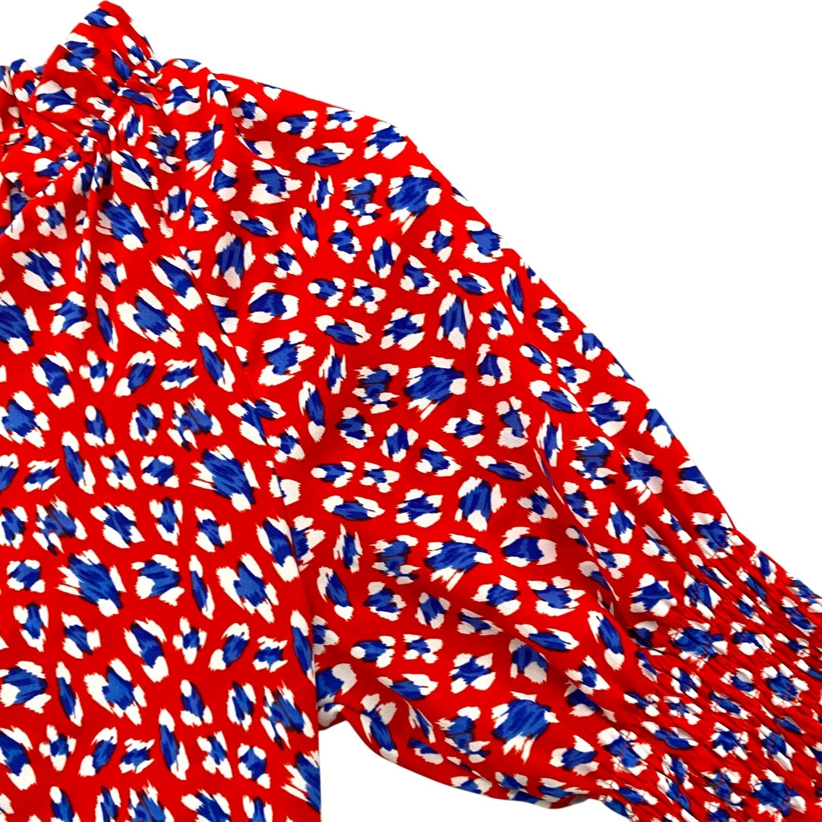 Jade Melody Tam Red Blue Abstract Print Smocked Bell Sleeve Blouse Womens Small