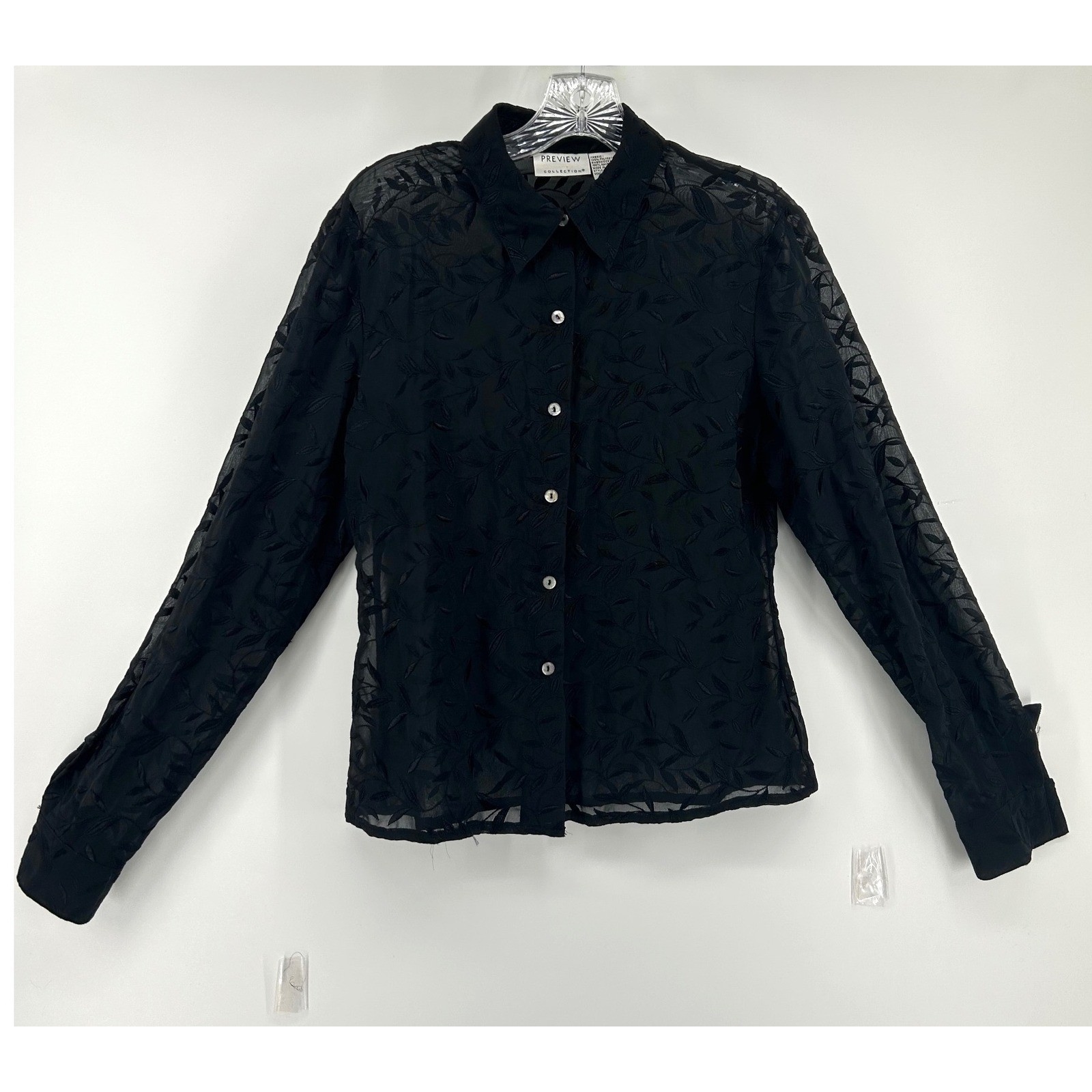 Preview Collection Black Sheer Leaf Embroidered Button Down Blouse Top Womens M