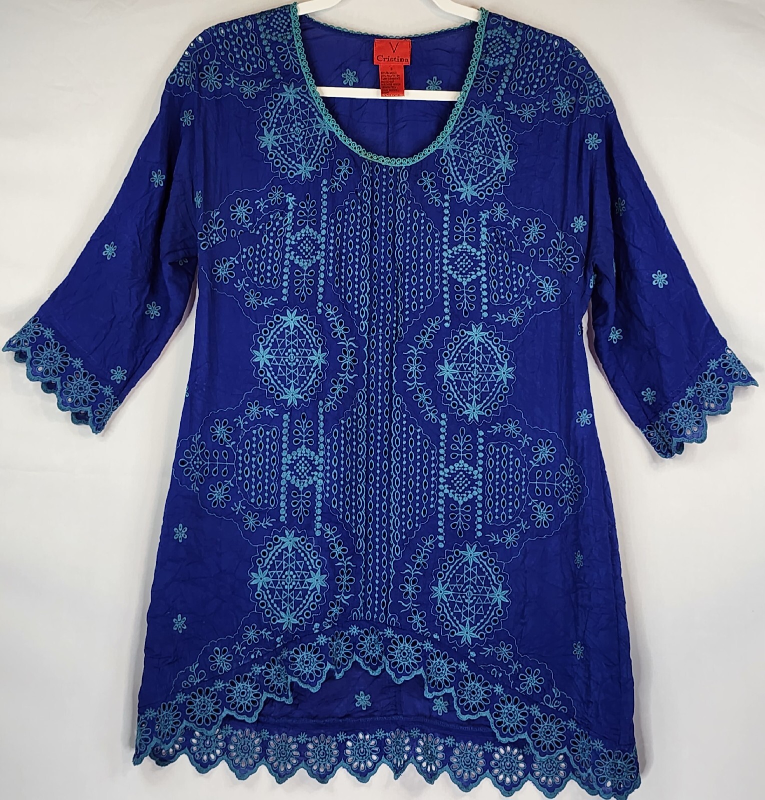 V Cristina Shirt Womens Small Blue Teal Embroidered High Low 3/4 Sleeve Top