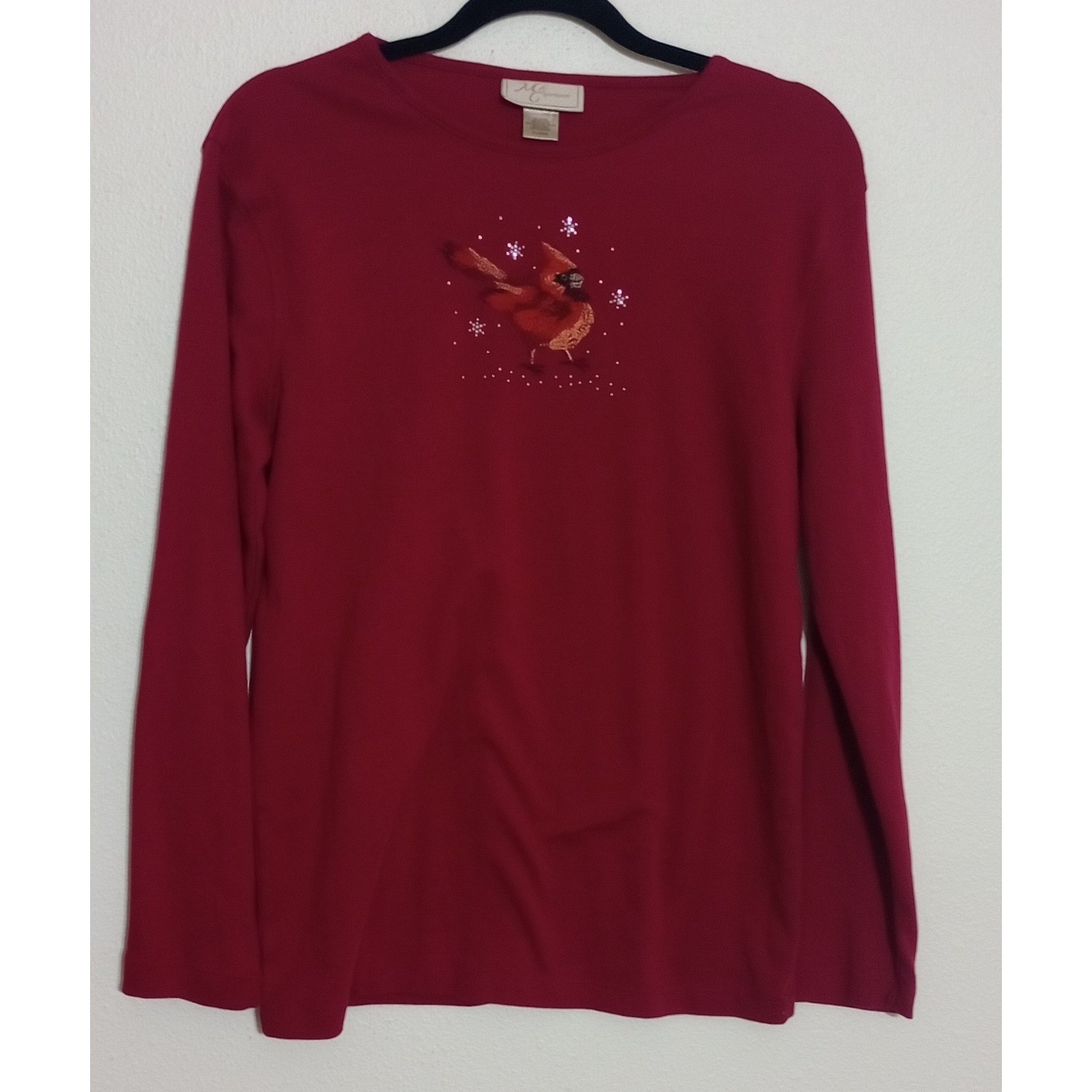 M&C Sportswear Red Cardinal Snowflake Embroidered Long Sleeve Top XL Holiday