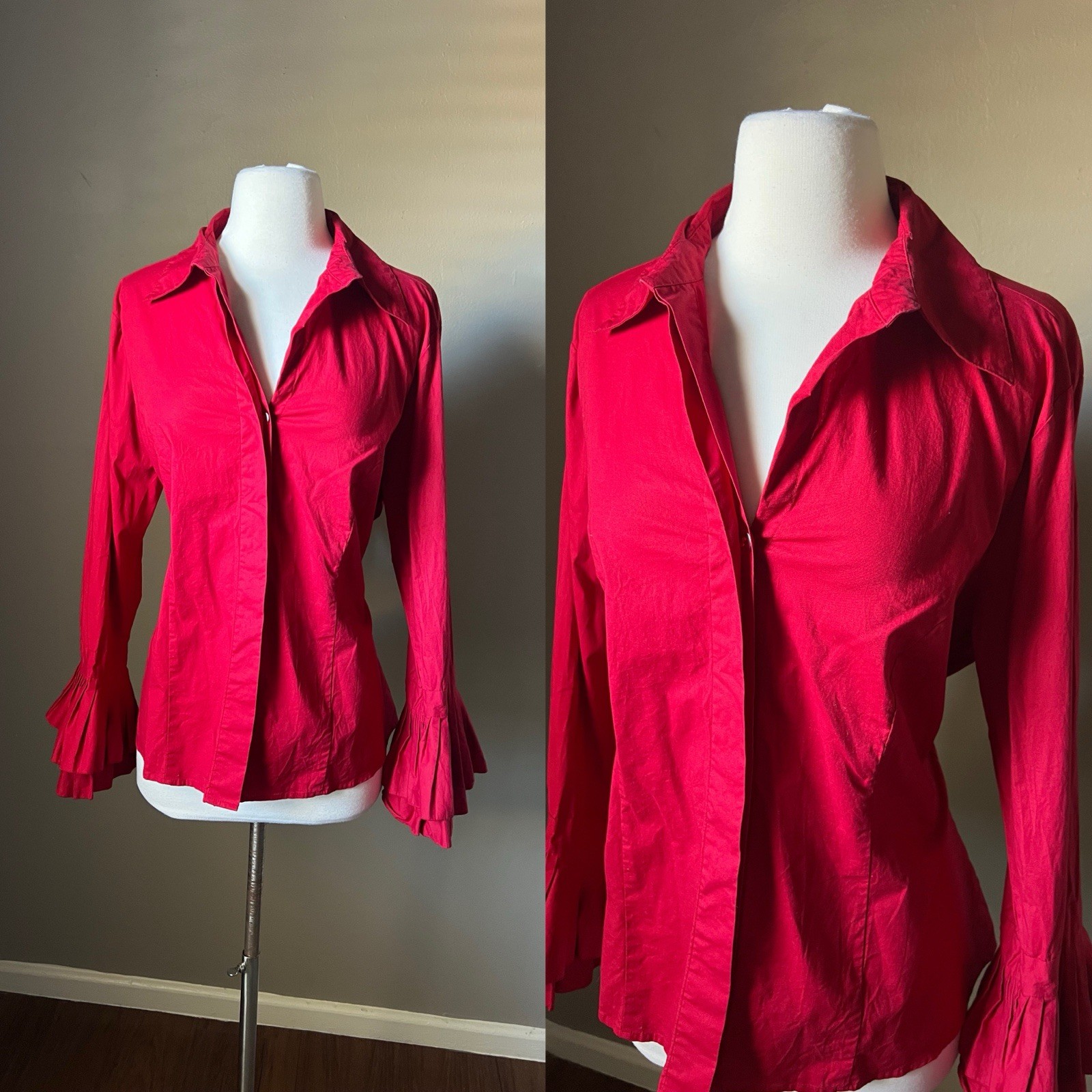 Ashley Stewart Shirt 12W Womens Red Button Front Bell Flare Sleeve Pleated Y2K