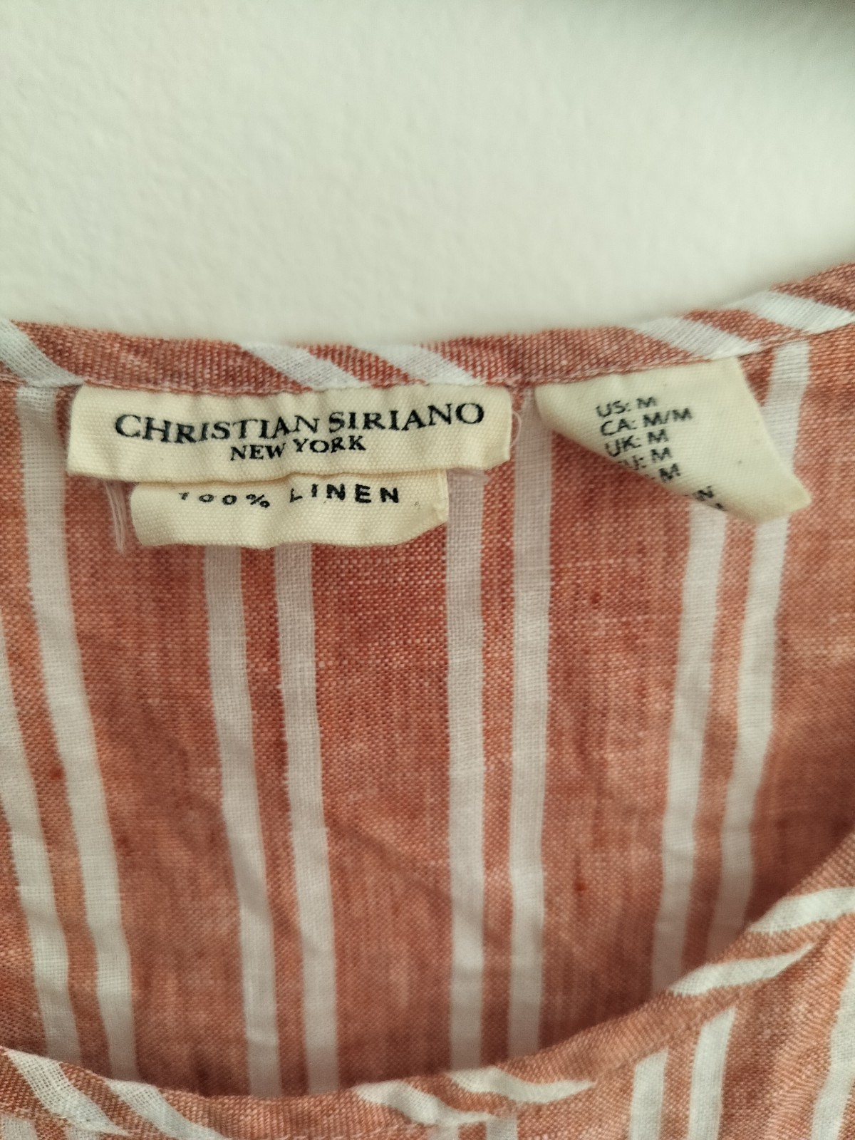CHRISTIAN SIRIANO Womens White Stripe 100% Linen Pocket Tee Blouse Shirt Medium