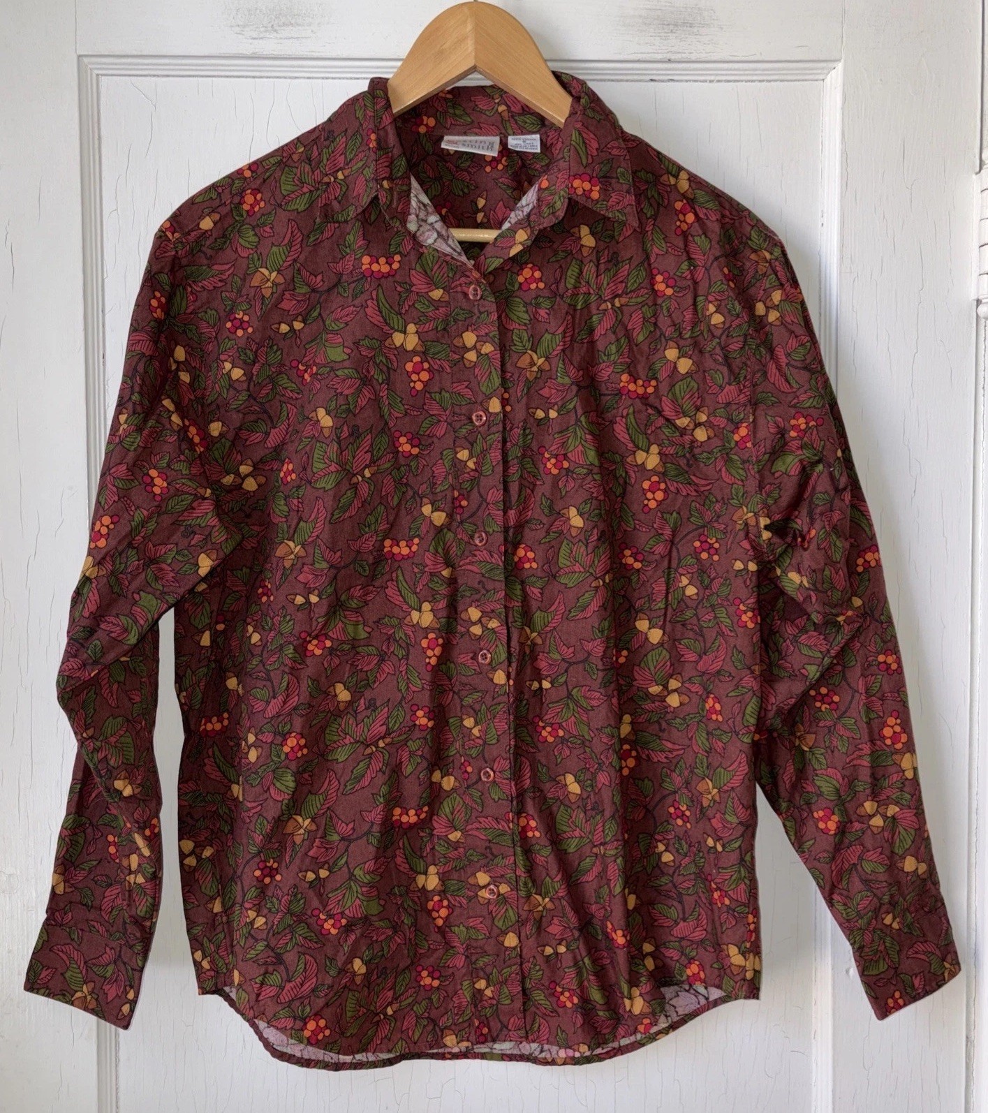 Vintage Fall Leaves Acorns Button Up Blouse Sz S Novelty Whimsy