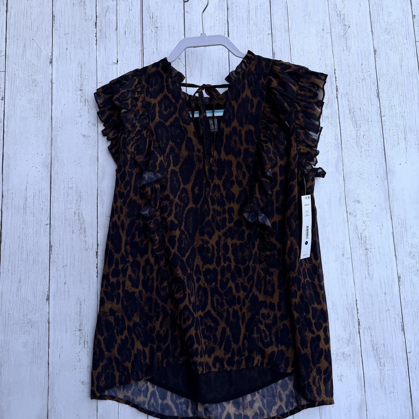 AQUA Blouse Womens Small Black Brown Leopard Sheer Ruffle Sleeveless Lined