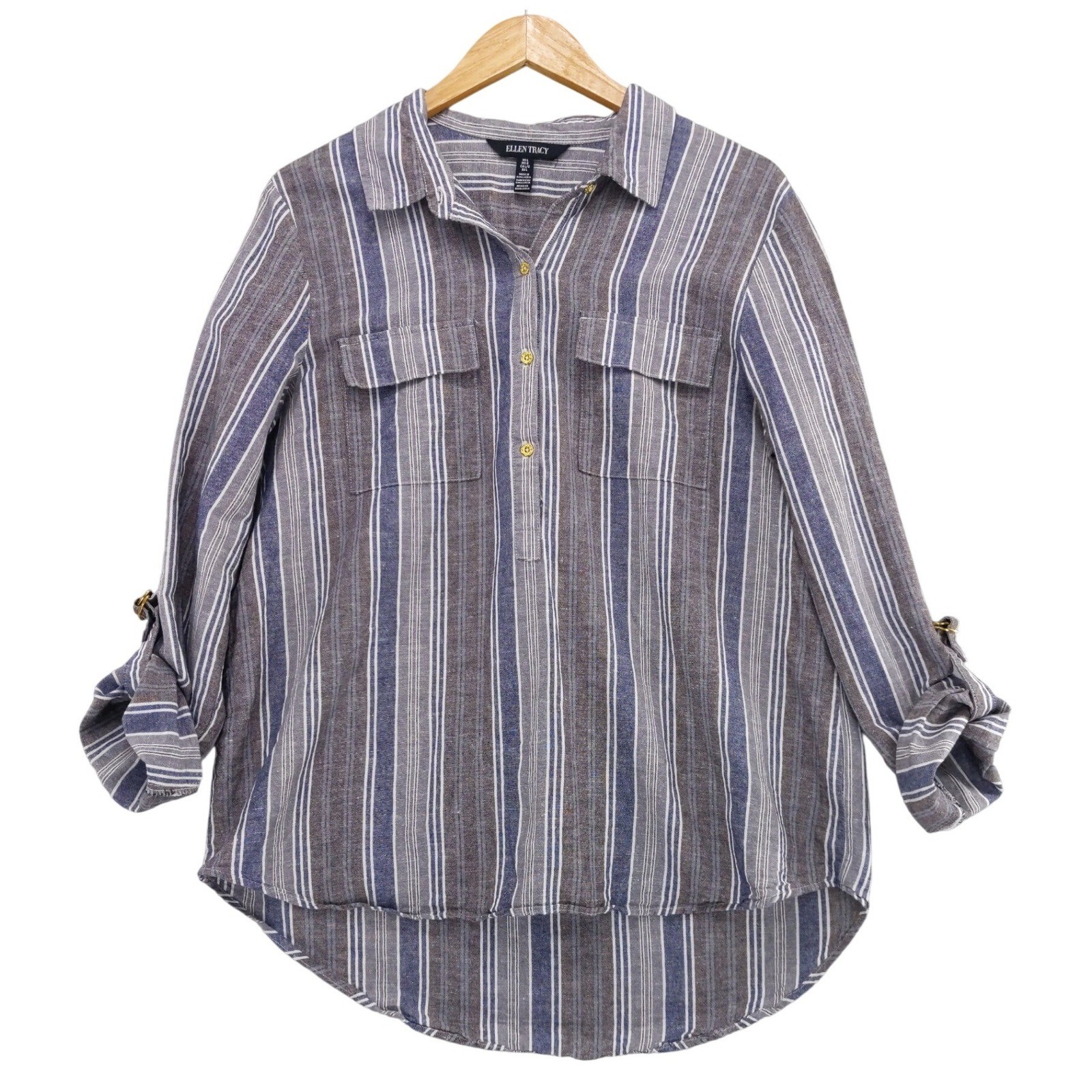 Ellen Tracy Button Up Shirt Linen Blend Sz L Blue Striped Roll Tab Sleeve