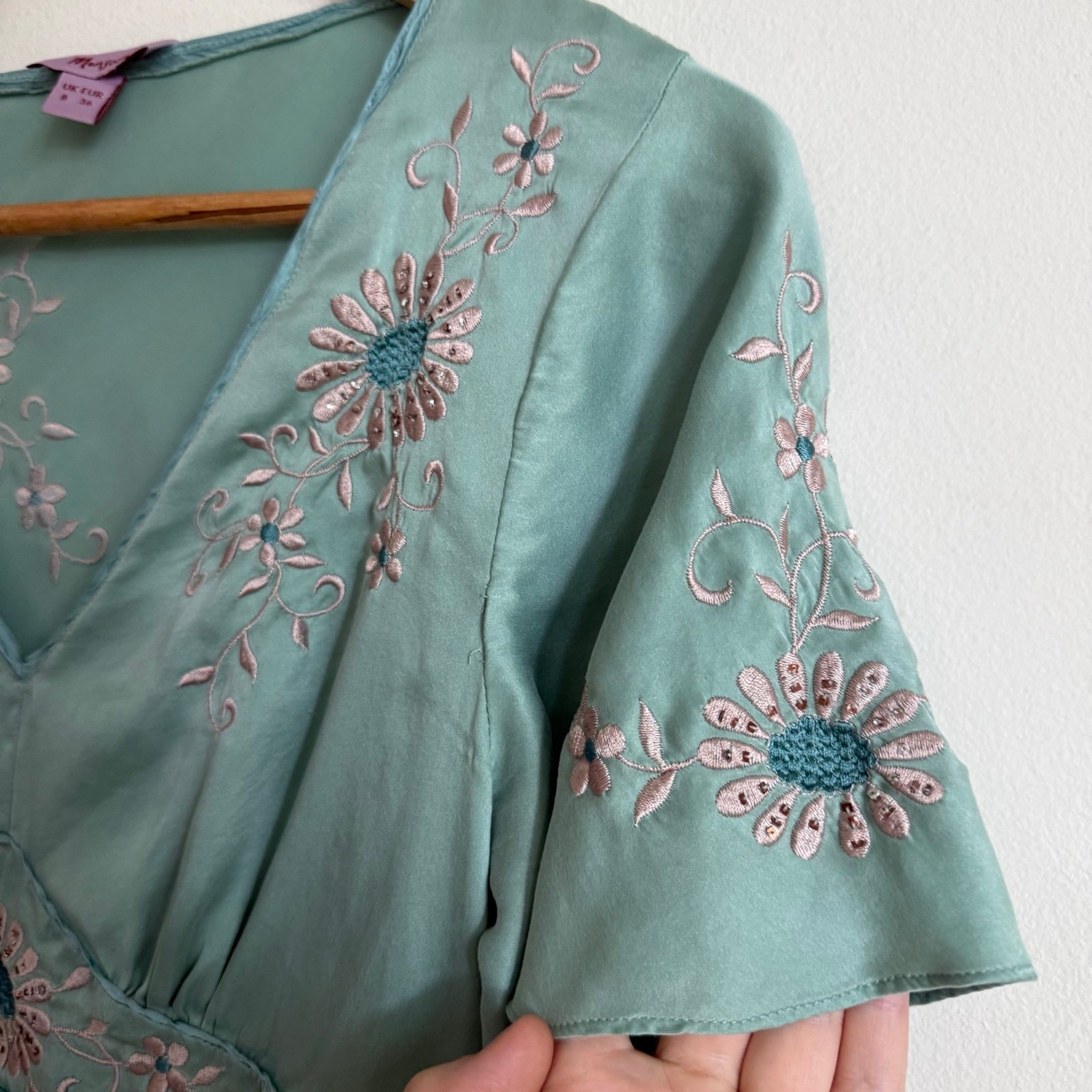 Y2K Vintage Monsoon Mint Blue Silk Floral Embroidered Babydoll Blouse Size 8
