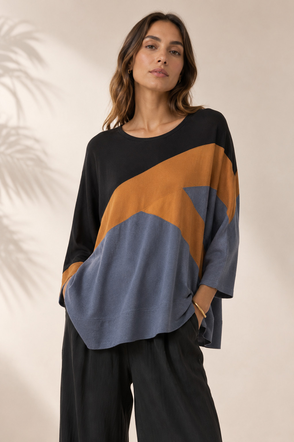 Planet by Lauren G Pima Cotton Colorblock Oversized Tunic Top One Size