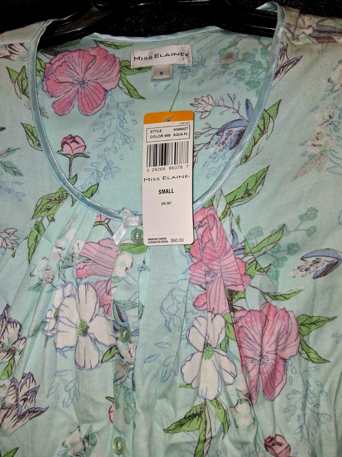 Miss Elaine Women’s Aqua Floral Round Neck Button-Up 3/4 Sleeve Top S