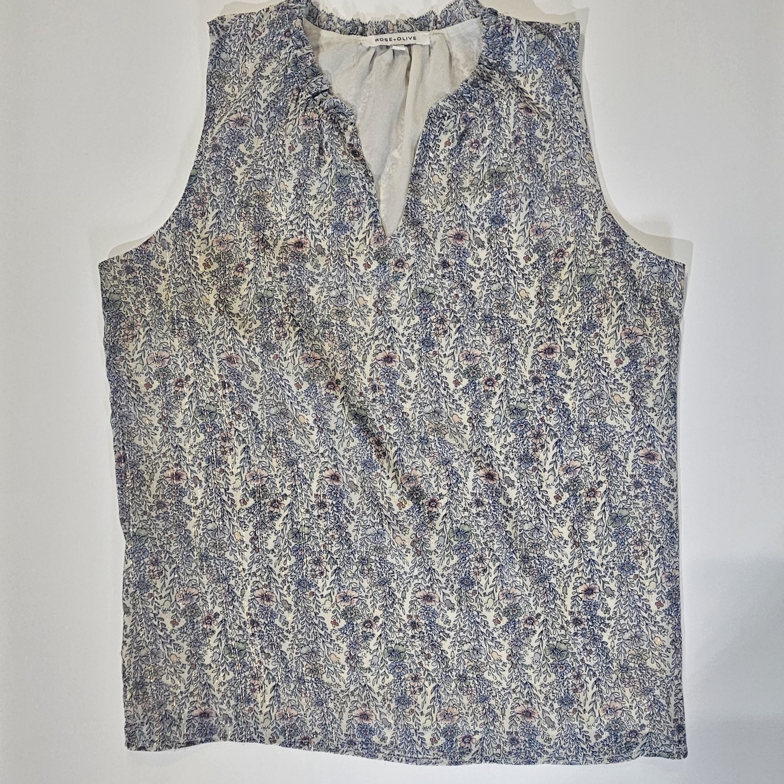 Rose & Olive Blouse Womens XL White Blu Floral Pastel Feminine Cottagecore Top