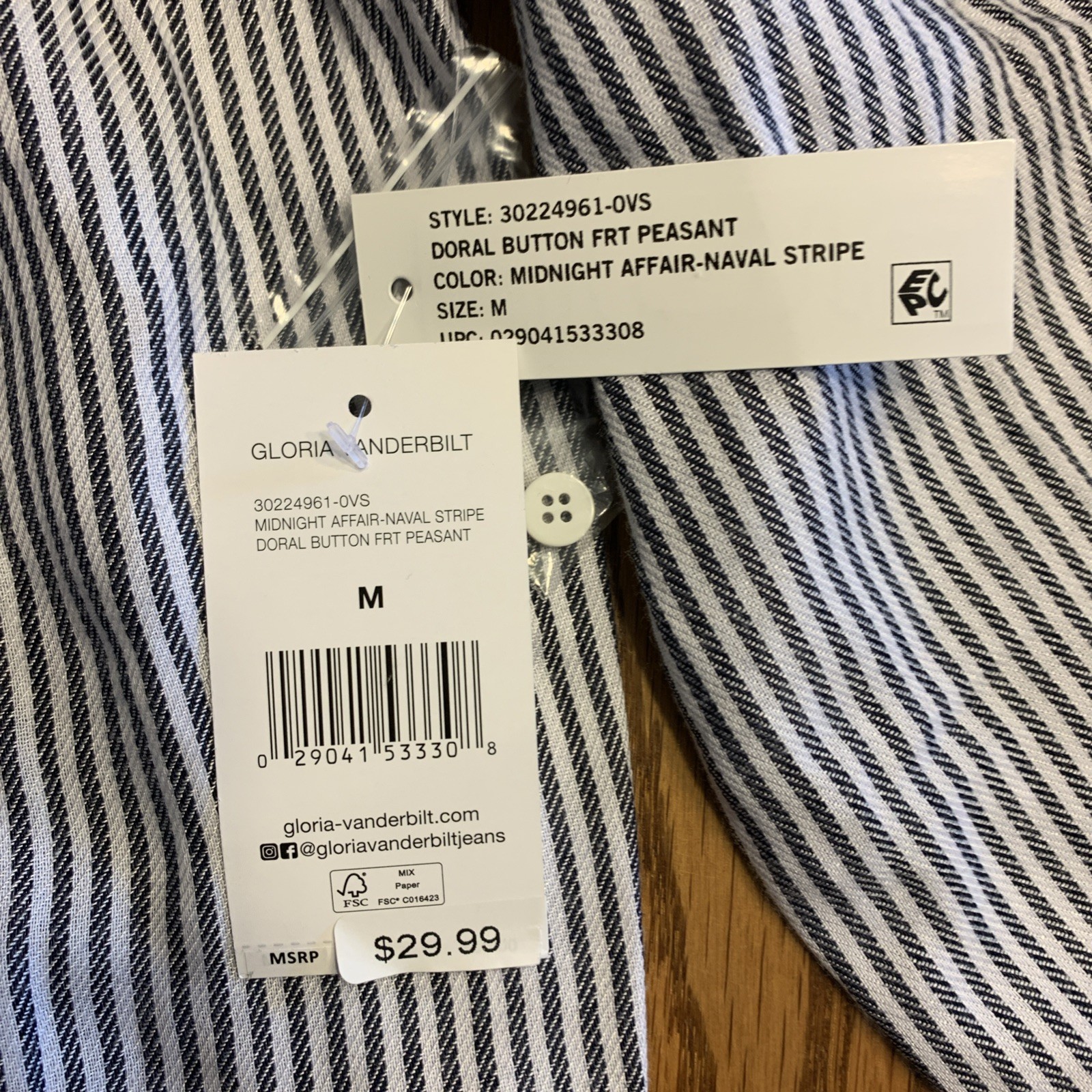 GLORIA VANDERBILT Amanda Oversized Striped 3/4 Slv SHIRT M or XL NWT