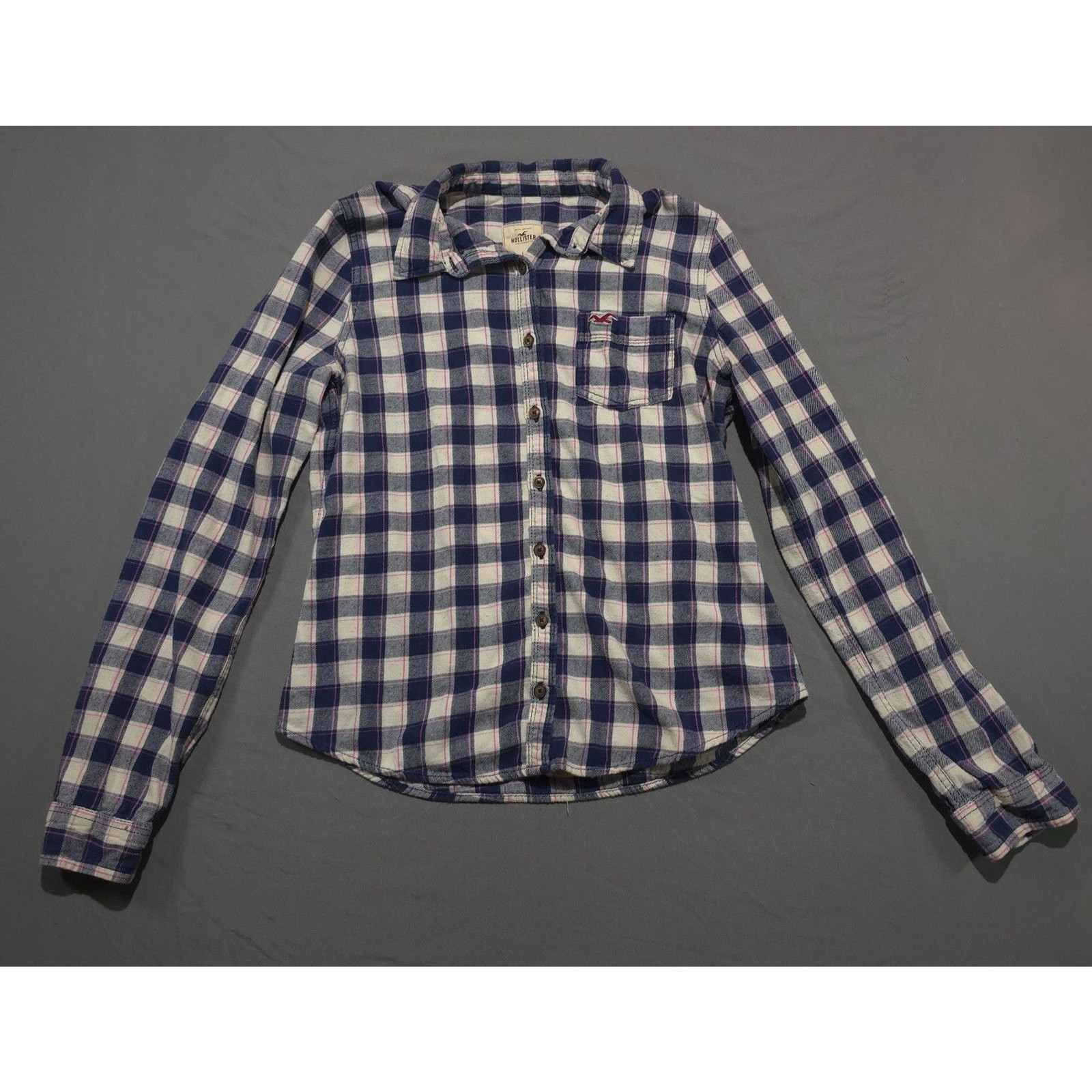 Hollister Womens Large Blue White Pink Plaid Flannel Button Down Shirt Top L