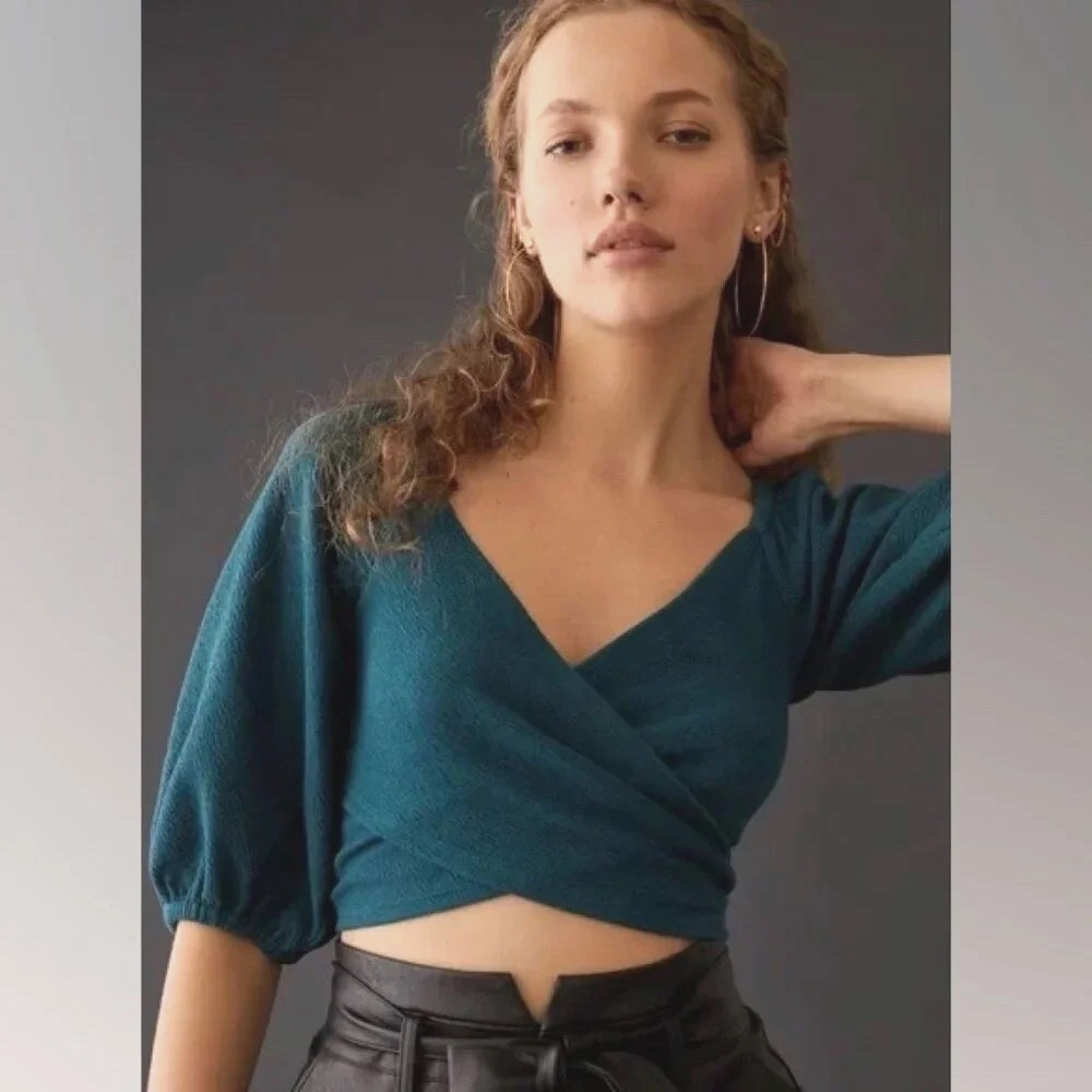 MAEVE Anthropologie New! Teal Blue Puff Sleeve Surplice Wrap V-Neck Top NWT Sz L