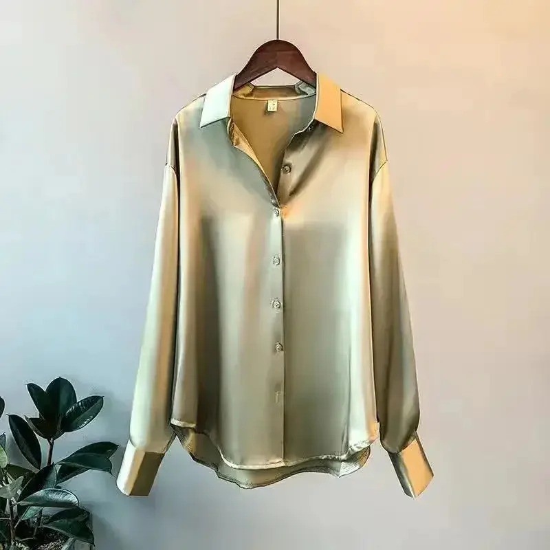 2025 Silk Korean Office Ladies Elegant Shirt Blouse Women Fashion Button Up Sati