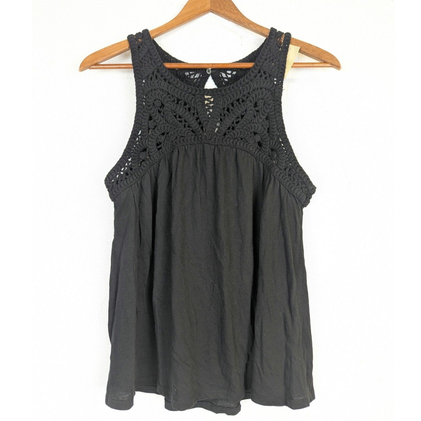 Black Boho Tank Top Macrame Crochet Lace Yoke Flowy Swing Hippie Small Petite
