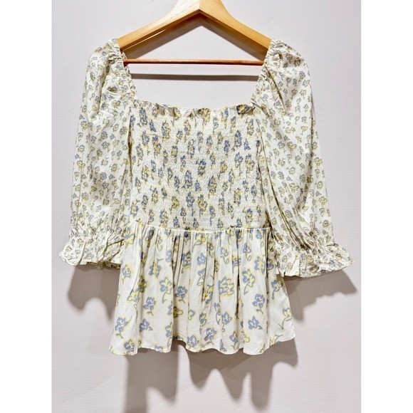 NWT French Connection Doria Smock Balloon Sleeve Top Summer White Floral Size L