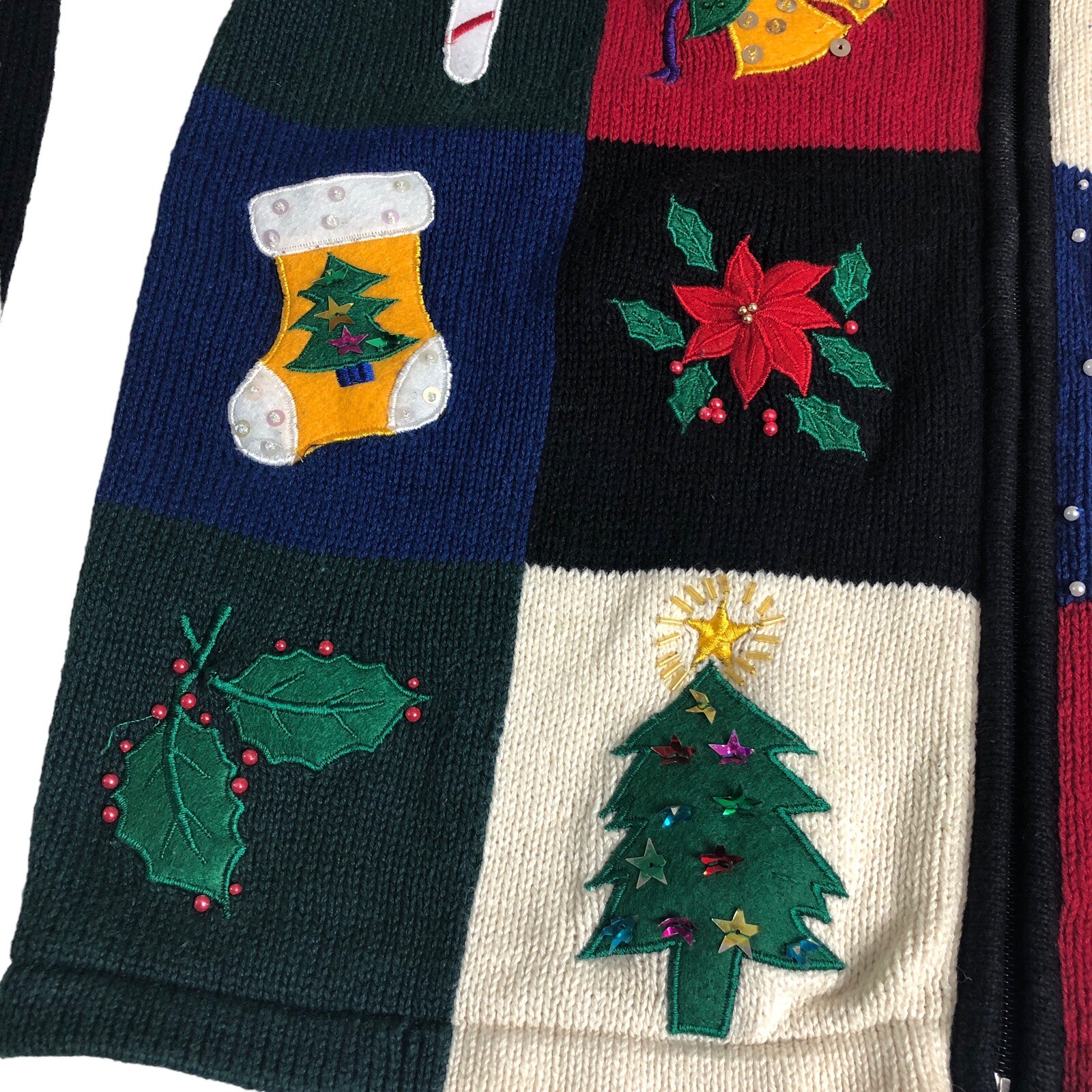 Vintage Dressbarn Christmas Cardigan Sweater Women L Knit Patchwork Sequin Zip