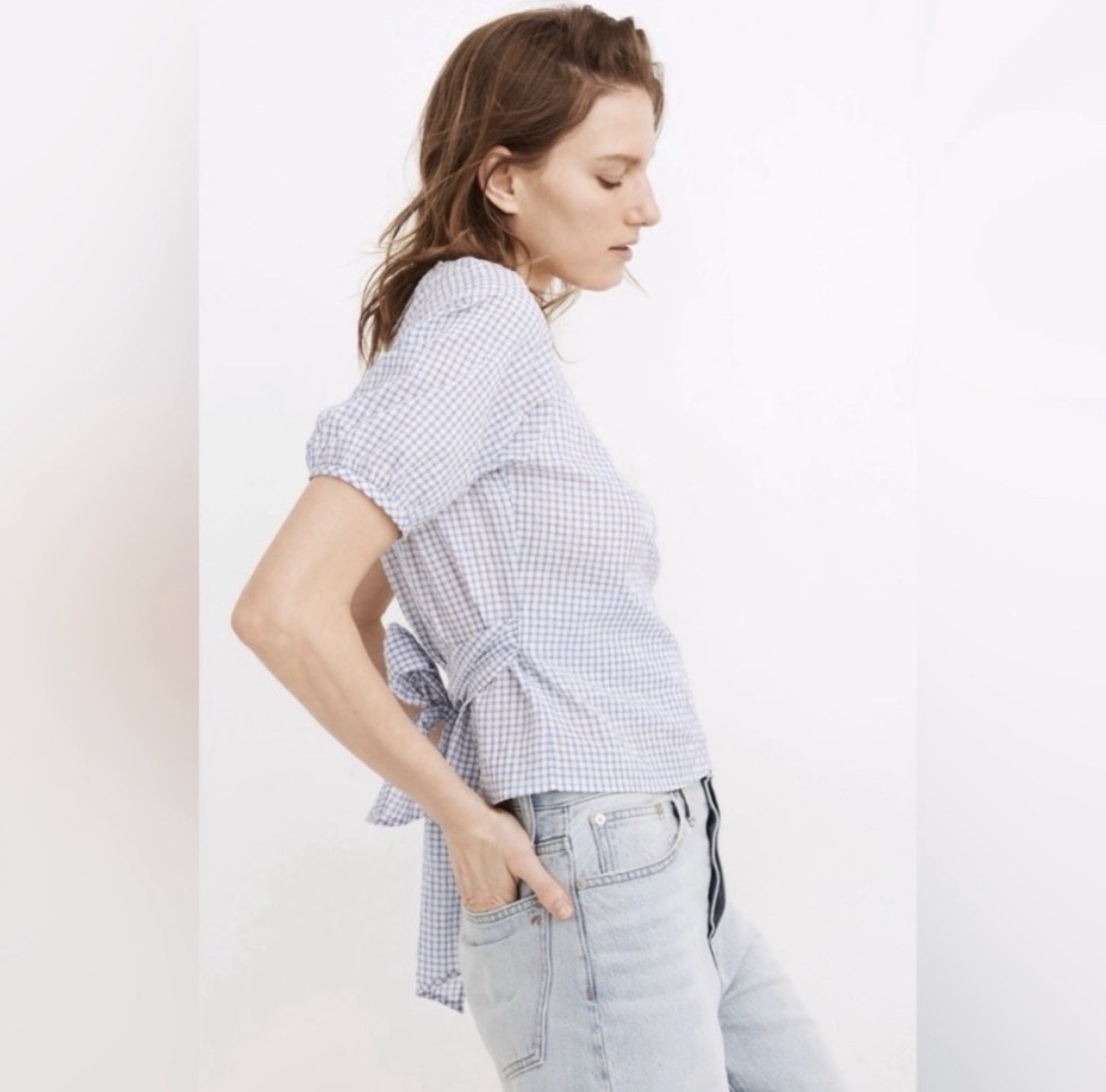 Madewell NWT Lucy Gingham Seersucker Puff-Sleeve Wrap Top Small Blue/ White