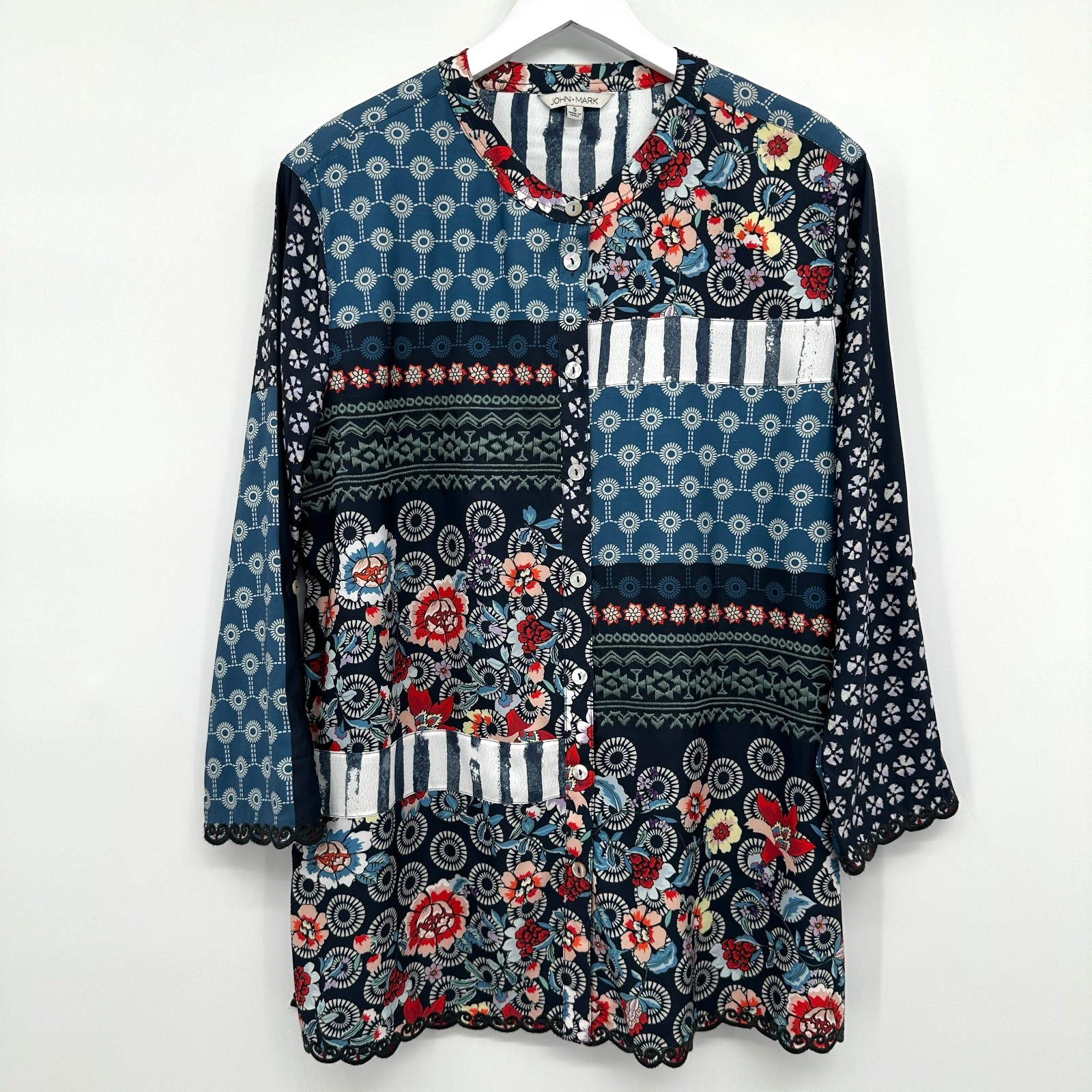 John Mark Tunic Top Shirt Small Embroidered Artsy Patchwork Statement Maximalist