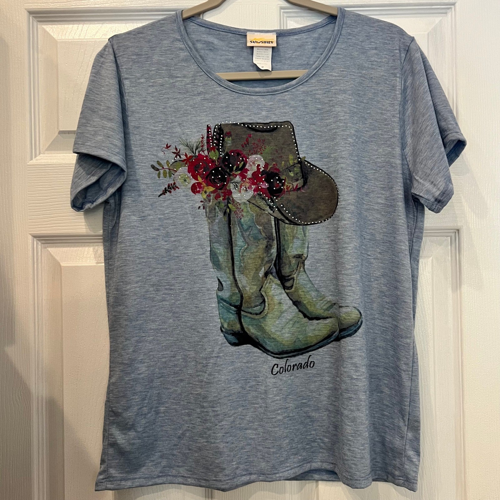Sunshirt Graphic T-Shirt Cotton Poly Blue Colorado Cowboy Boots Westerncore M
