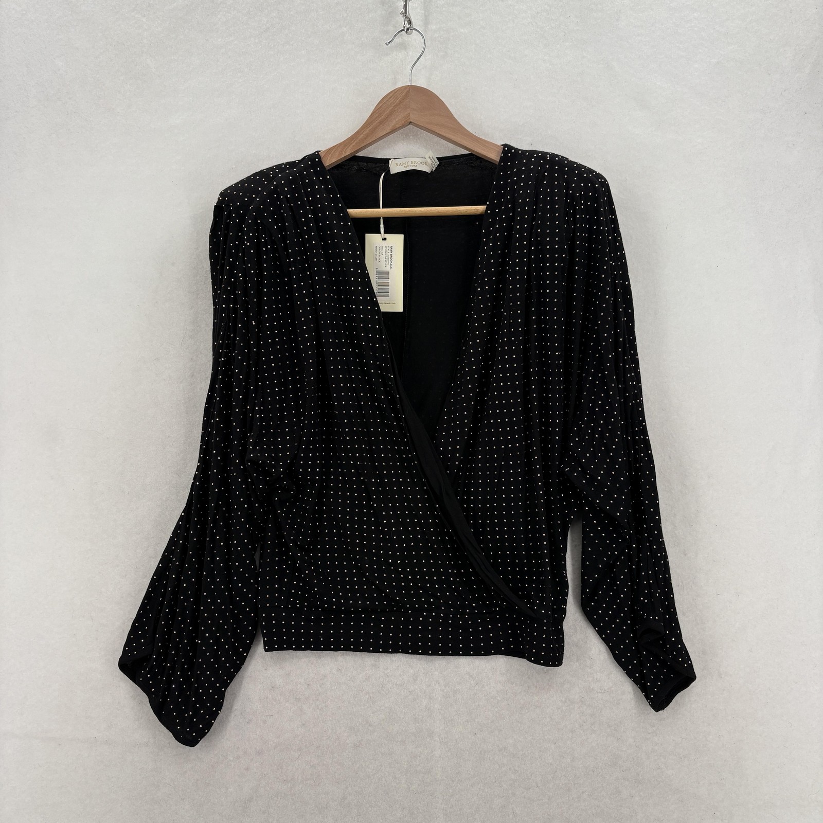 Ramy Brook New York Blouse Womens XS Black Studded V Neck Dolman Sleeve Jersey