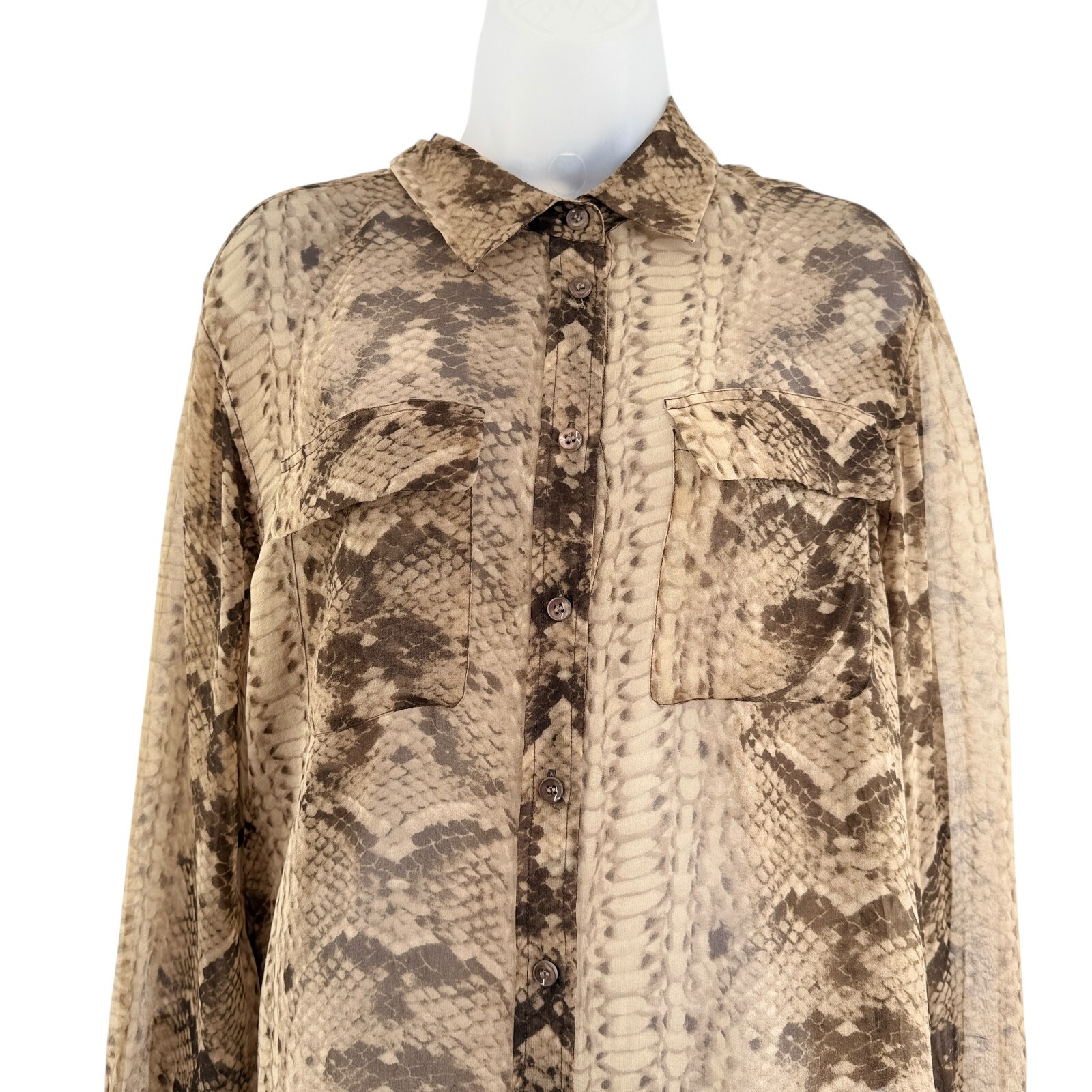 Equipment Womens Snake Print Silk Button Up Shirt Brown Tan Size Medium Sheer