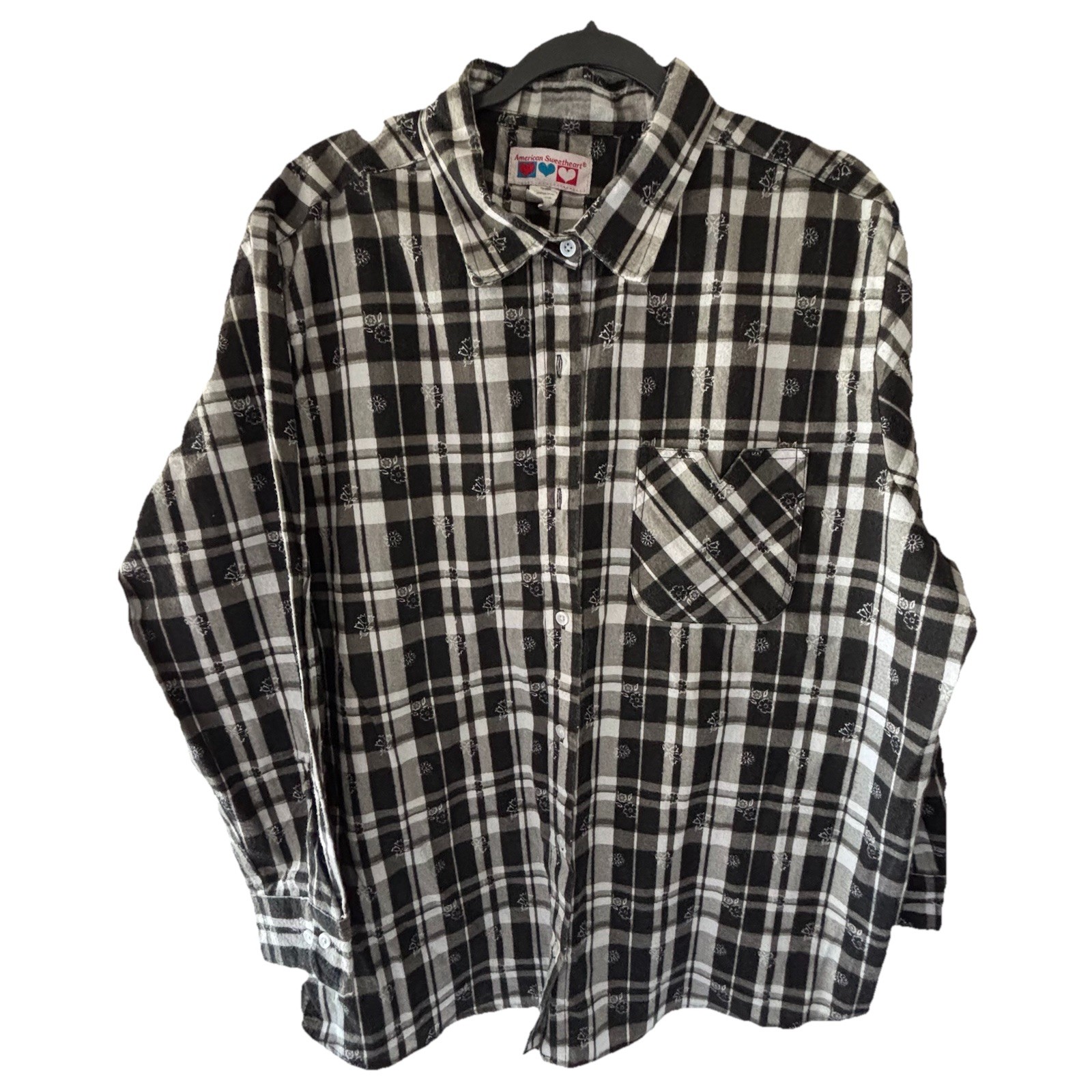 AMERICAN SWEETHEART Vintage Women LS Button Flannel BLK/GRAY/WHT PLAID Size 3XL
