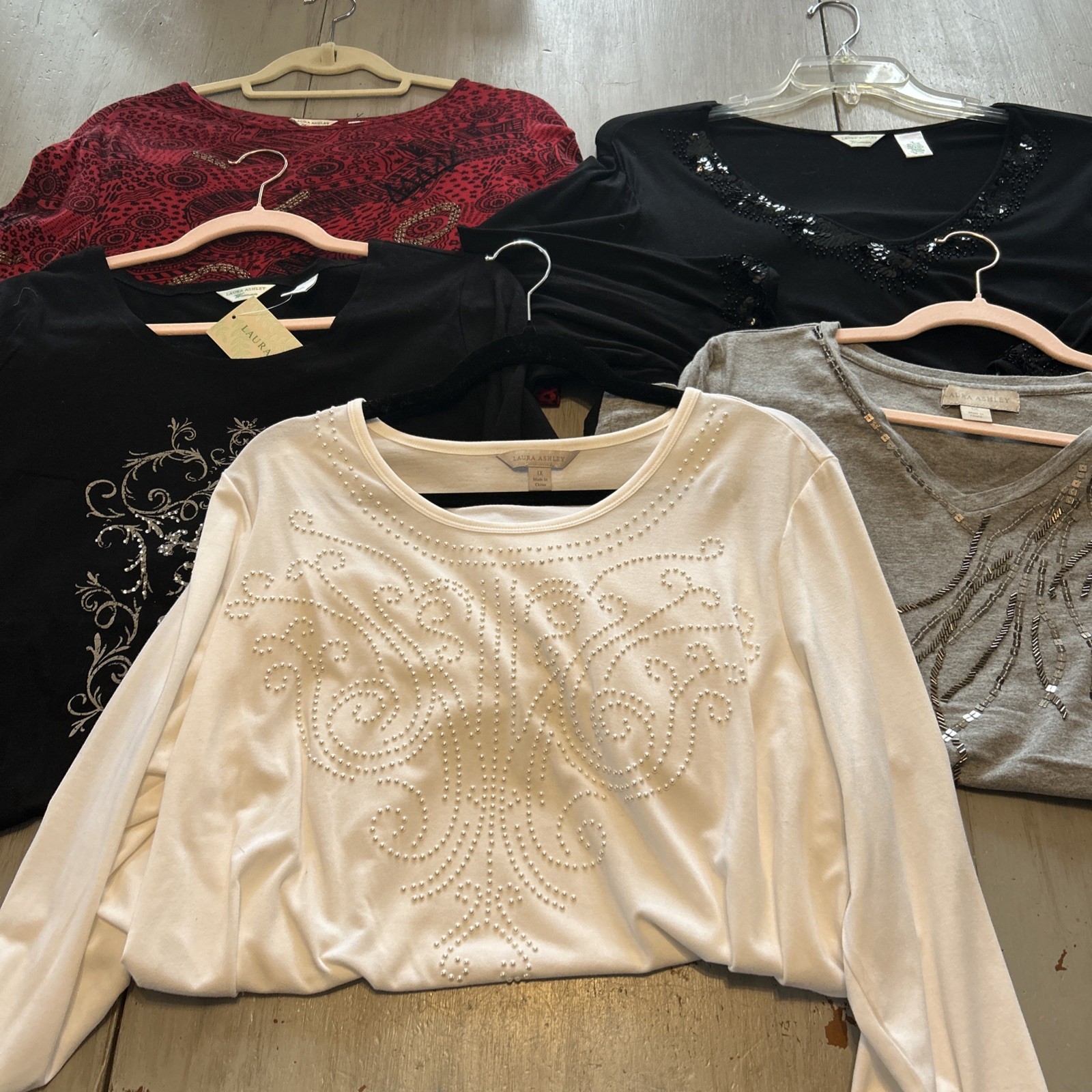 Laura Ashley Black Red Gray Shirt Lot of 5 Sz 1X Beaded Sequins Pearls