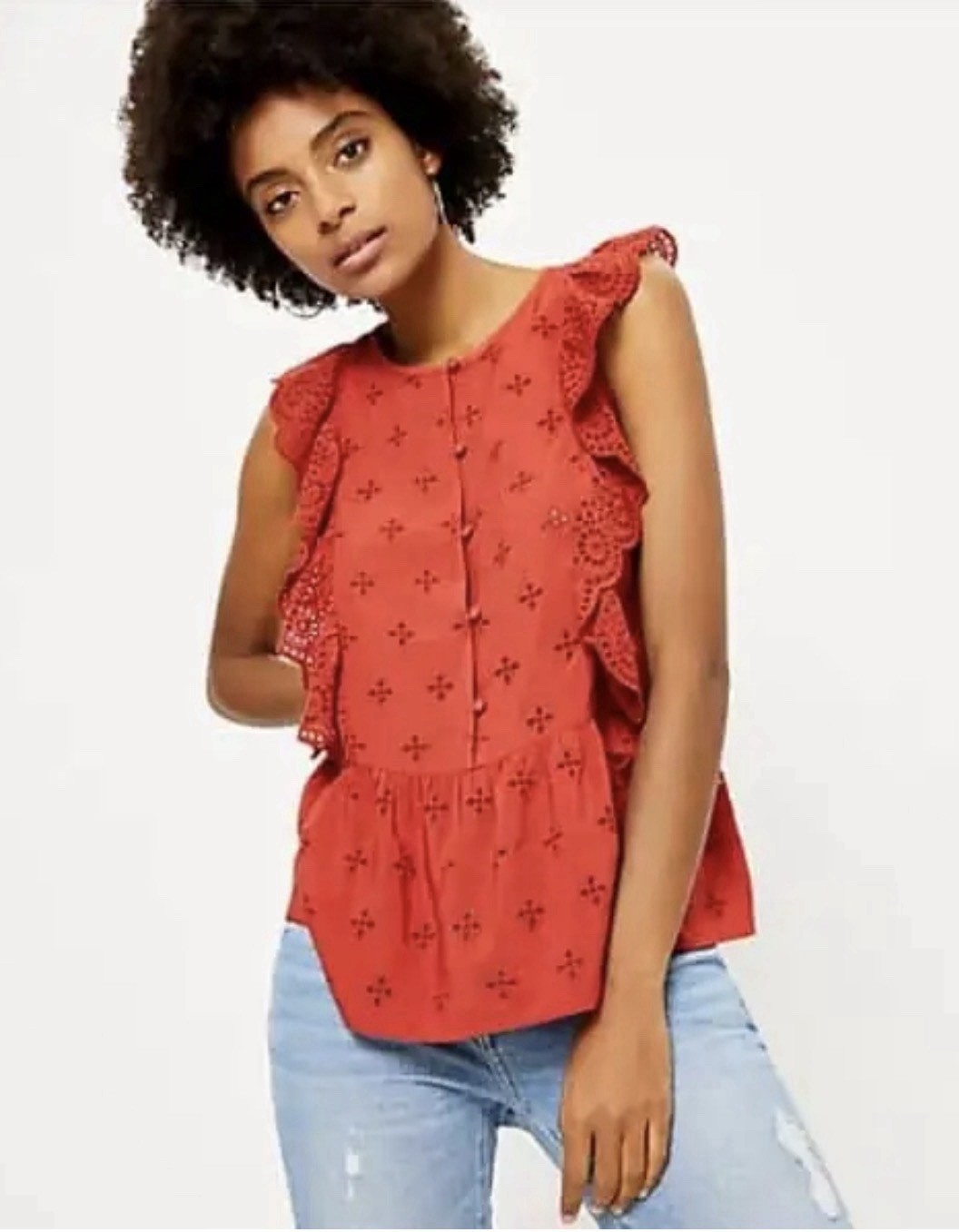 NEW Loft Orange Eyelet Ruffle Embroidery Sleeveless Button-Front Top Size S