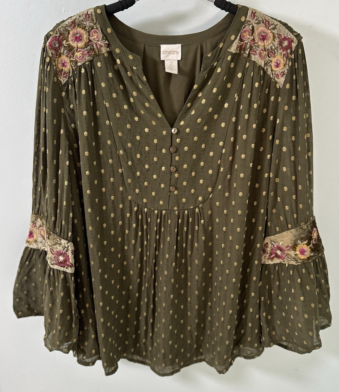 Chicos 2/US L Olive Gold Dot Chiffon Lined Peasant Top Embroidery on Velvet EUC