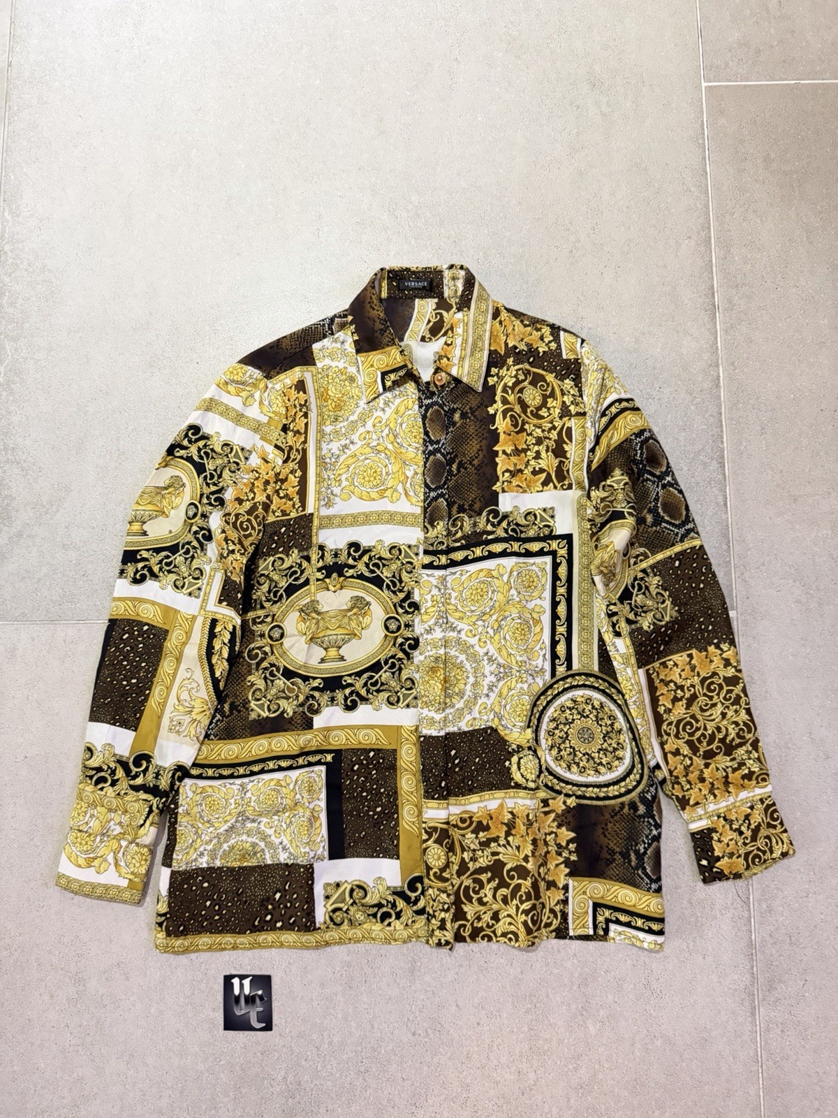 $1175 Versace Baroque Medusa Barocco Button Shirt 36 Patchwork Print Silk Twill